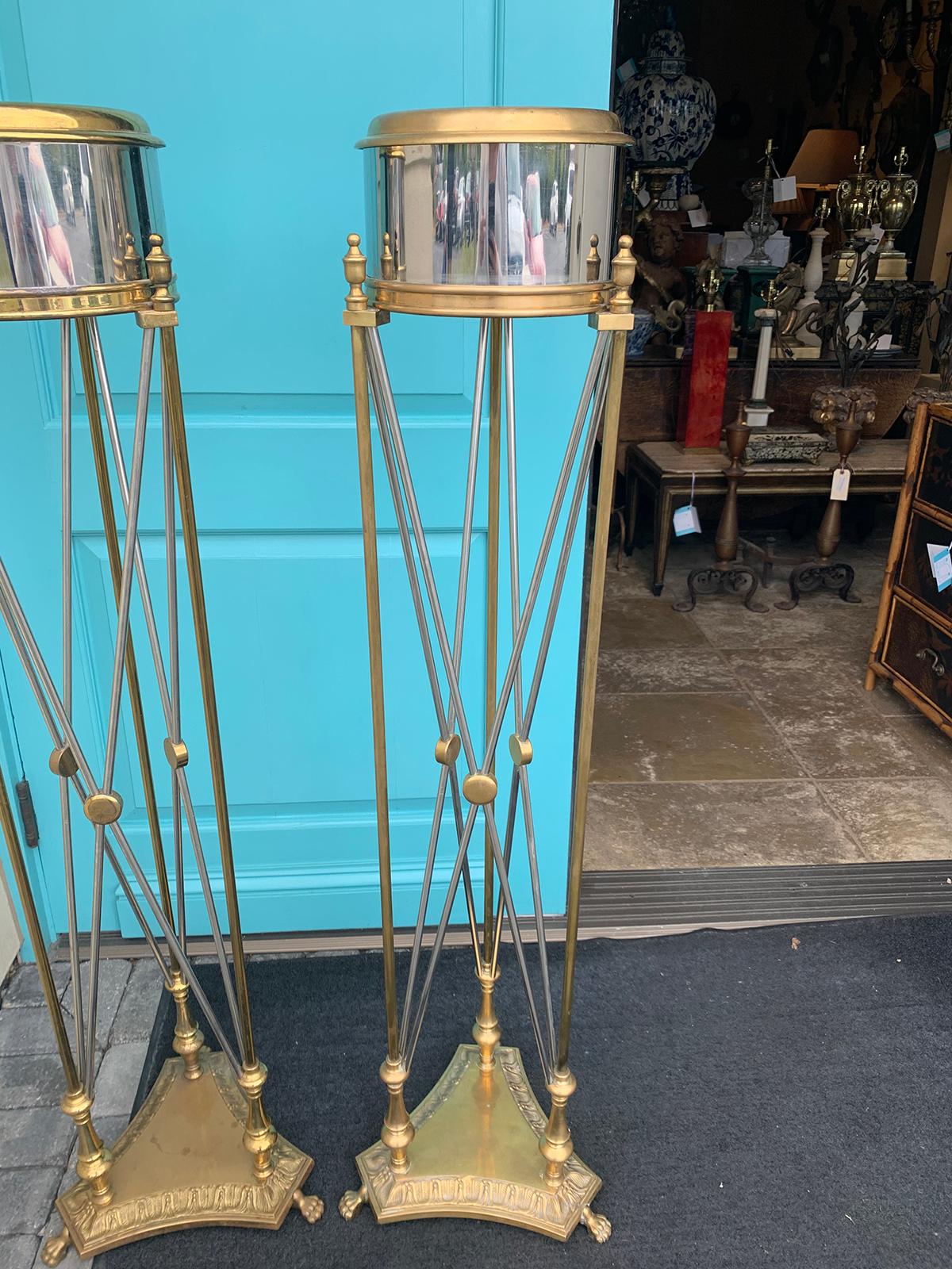 Attributed to Maison Jansen Pair of Steel and Brass Torchères or Plant Stands For Sale 7