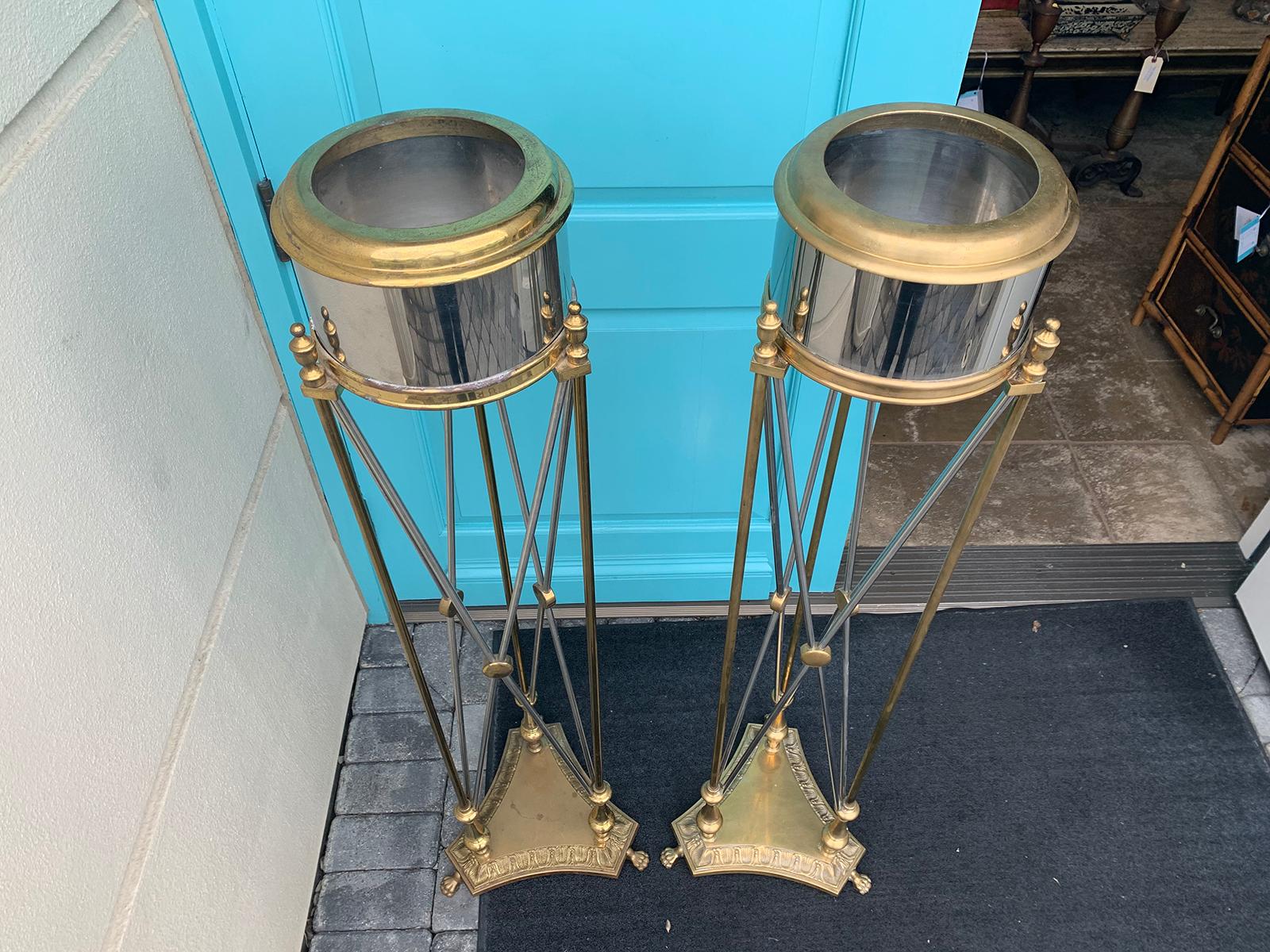 Attributed to Maison Jansen Pair of Steel and Brass Torchères or Plant Stands For Sale 10