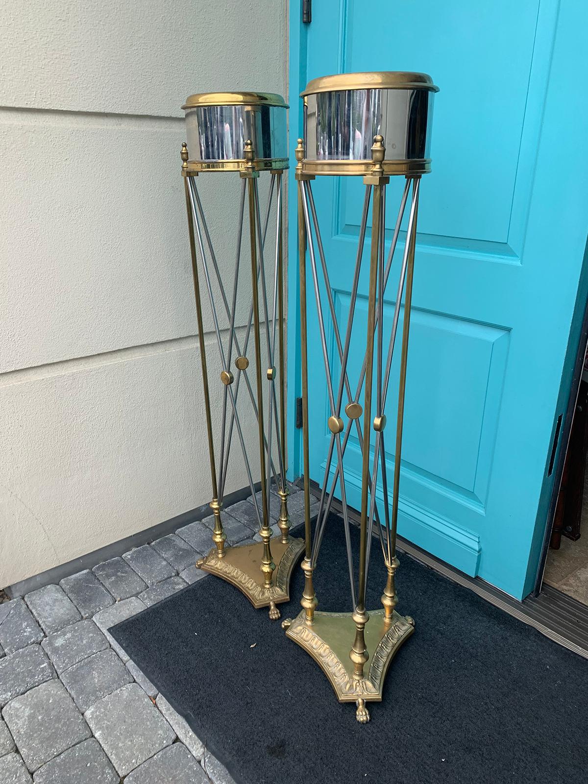 Attributed to Maison Jansen Pair of Steel and Brass Torchères or Plant Stands In Good Condition For Sale In Atlanta, GA