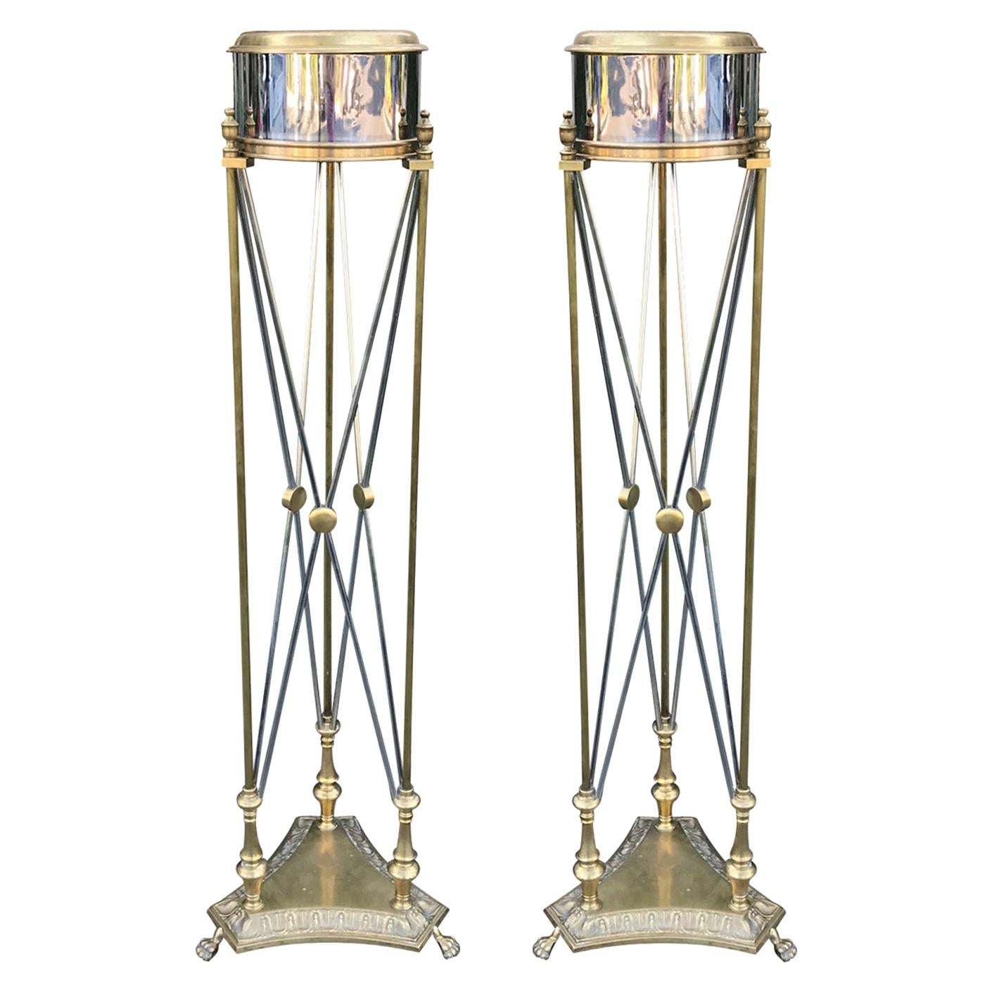 Attributed to Maison Jansen Pair of Steel and Brass Torchères or Plant Stands