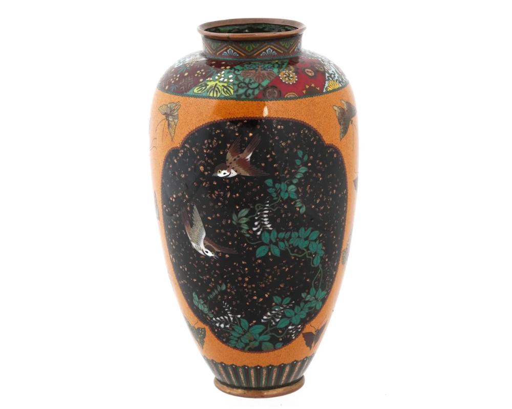 Cloissoné Antique Japanese Cloisonne Goldstone Enamel Butterfly Vase Attributed To Honda For Sale