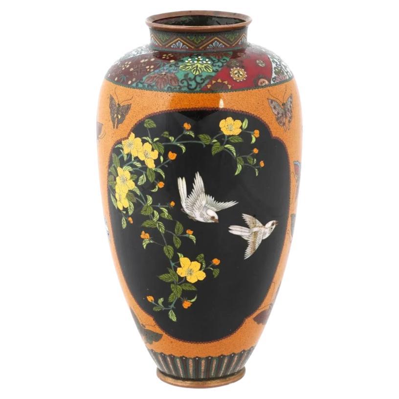 Antique Japanese Cloisonne Goldstone Enamel Butterfly Vase Attributed To Honda For Sale