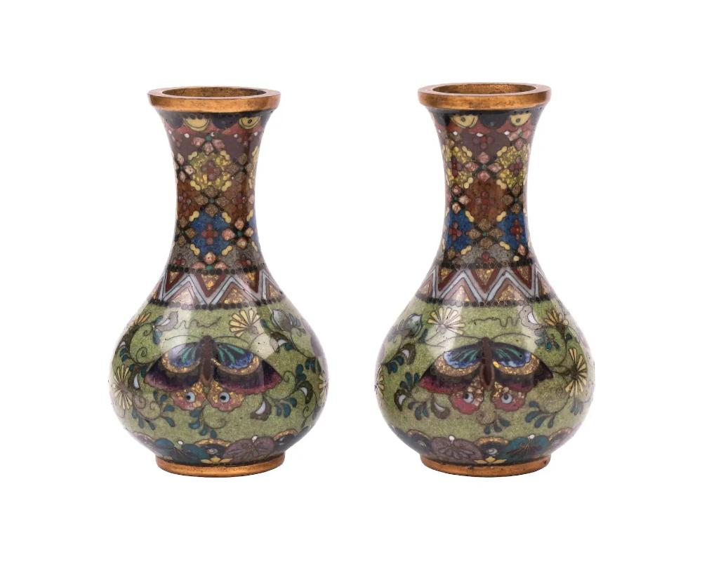 Meiji Attr To Namikawa Rare Pair Japanese Cloisonne Enamel Butterfly Vases For Sale