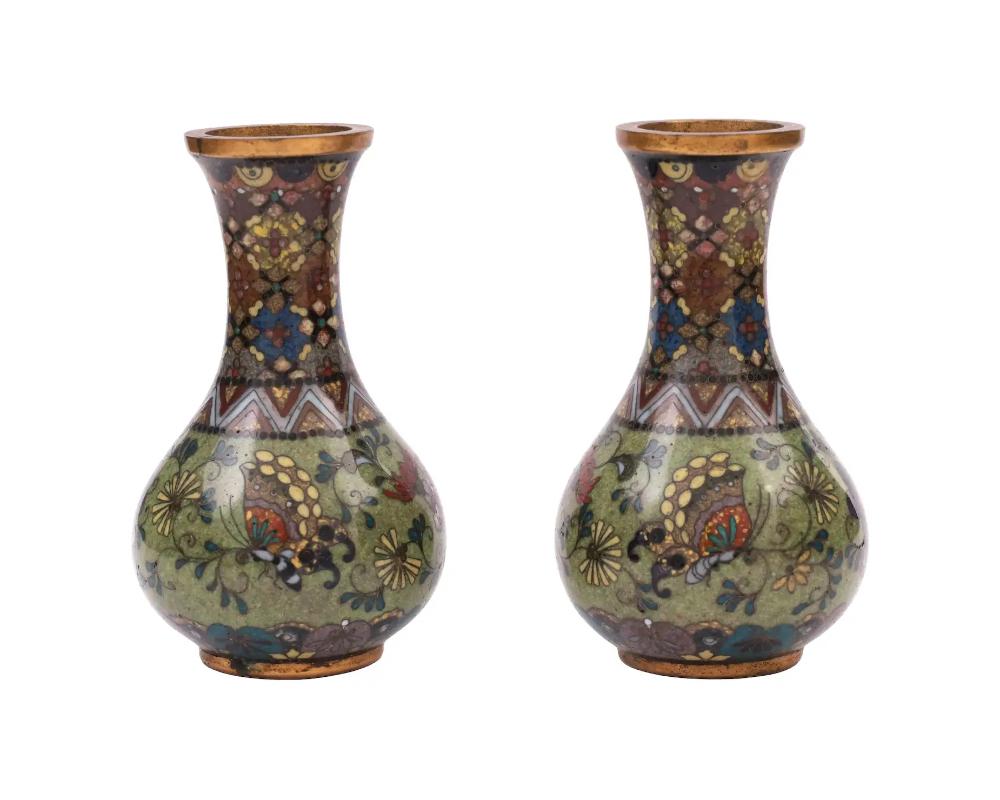 19th Century Attr To Namikawa Rare Pair Japanese Cloisonne Enamel Butterfly Vases For Sale