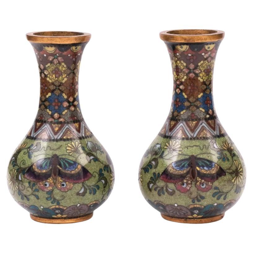 Attr To Namikawa Rare Pair Japanese Cloisonne Enamel Butterfly Vases For Sale