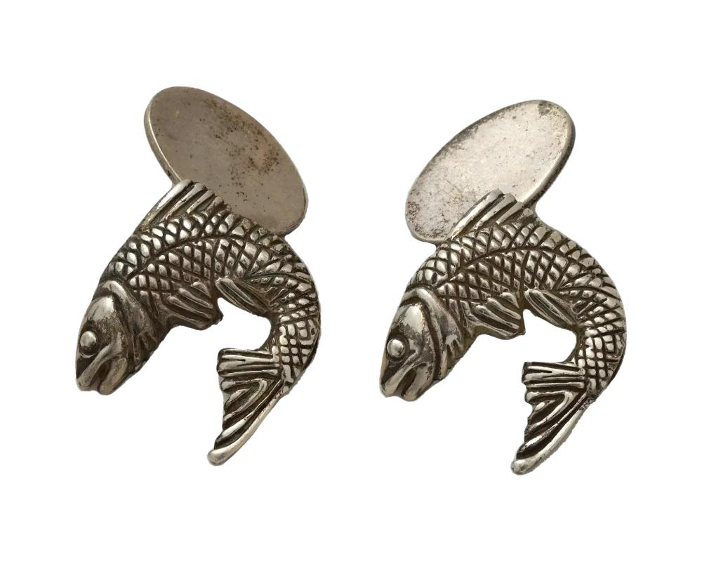 Attr To Webster Sterling Silver Fish Form Cufflinks For Sale