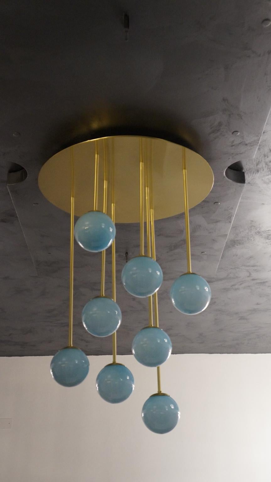 Italian Attr. to Toso Mid-Century Modern Light Blue Murano Glass Atomi Chandelier, 1982s For Sale