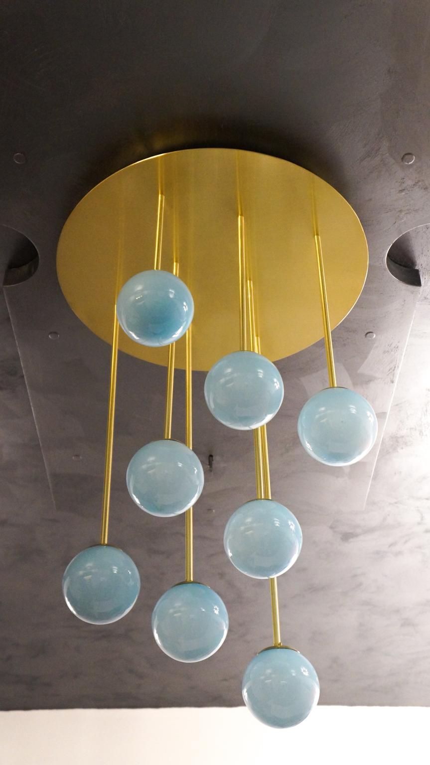 Hand-Crafted Attr. to Toso Mid-Century Modern Light Blue Murano Glass Atomi Chandelier, 1982s For Sale