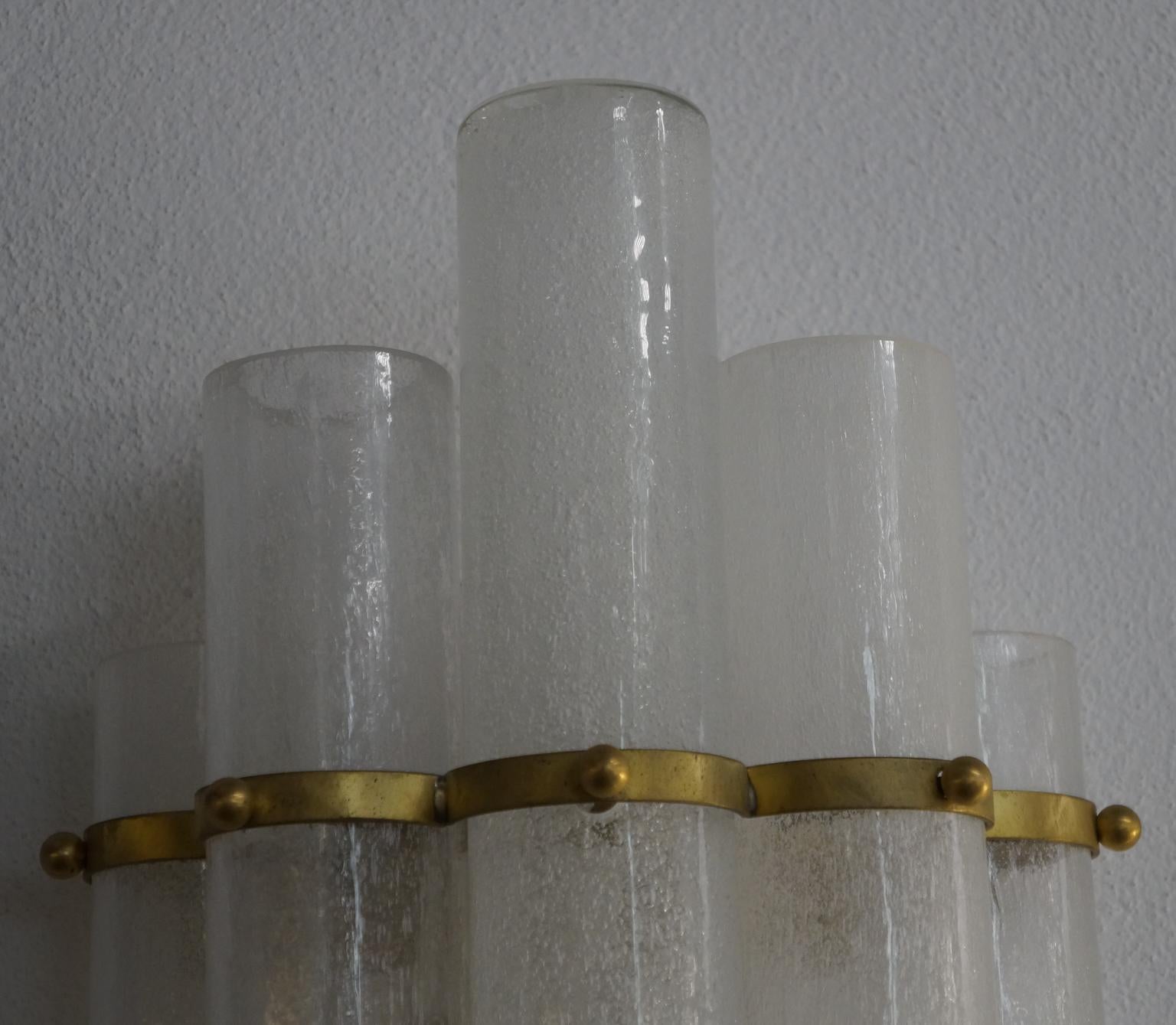 Brass Attr. Venini Mid-Century Modern Pulegoso Pair of Murano Glass Wall Sconces, 1960