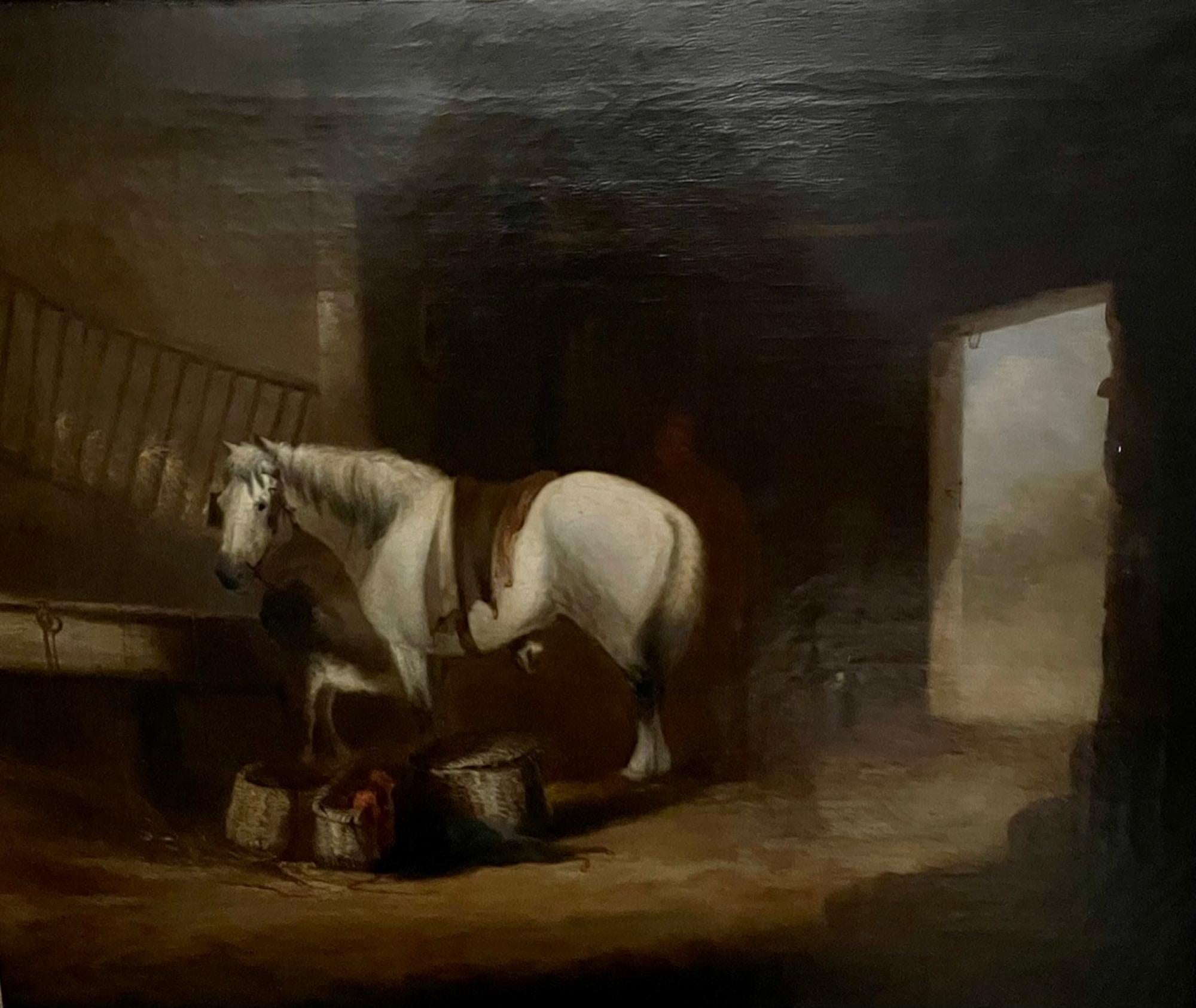 Attributed to William Shayer Snr. (1787 – 1879) A Stable interior with a horse and donkey by a briar, baskets and panniers on the floor beside them. Oil on Canvas. This painting was part of Dauntsey Estate, Wiltshire has never been at auction.
51 x