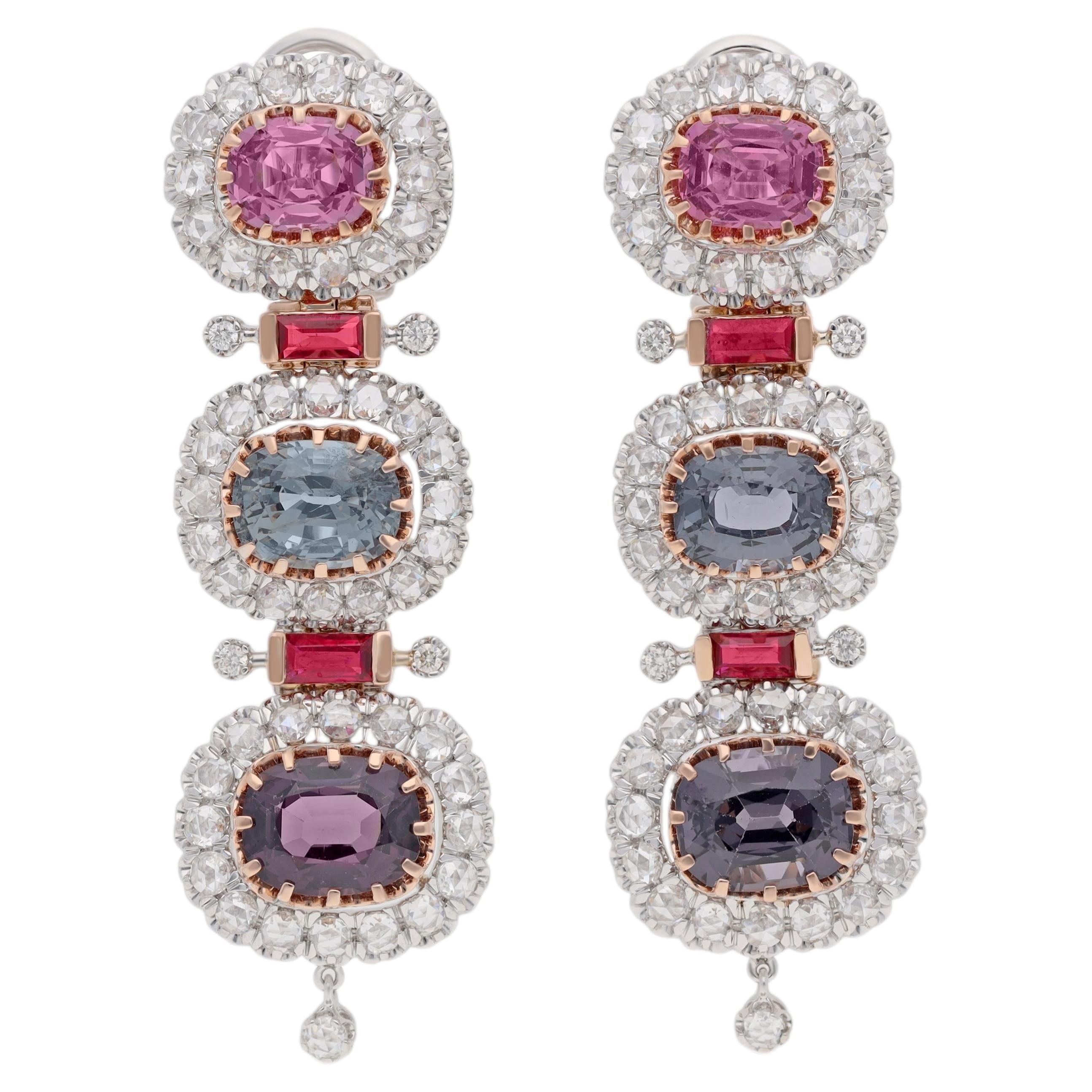 Attracting Ruby, Spinel & Diamond Earring In 18 Kt Rose & White Gold