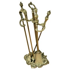 Attractive 19th Century Brass Rococo Fireside Companion Set, Fireside Tools