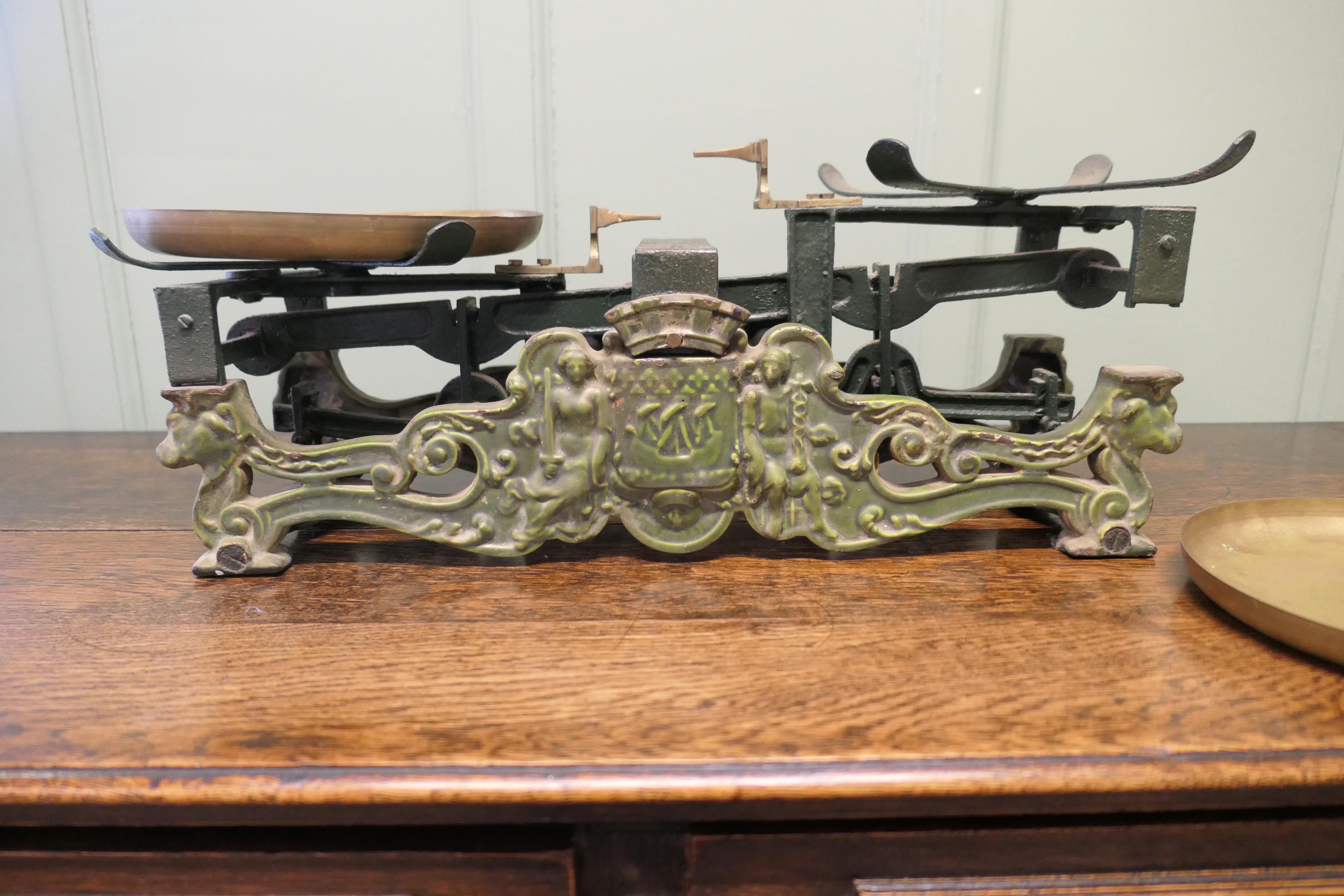 French Provincial Attractive 19th Century French Grocer’s Balance Scales The scale has 2 brass pan For Sale