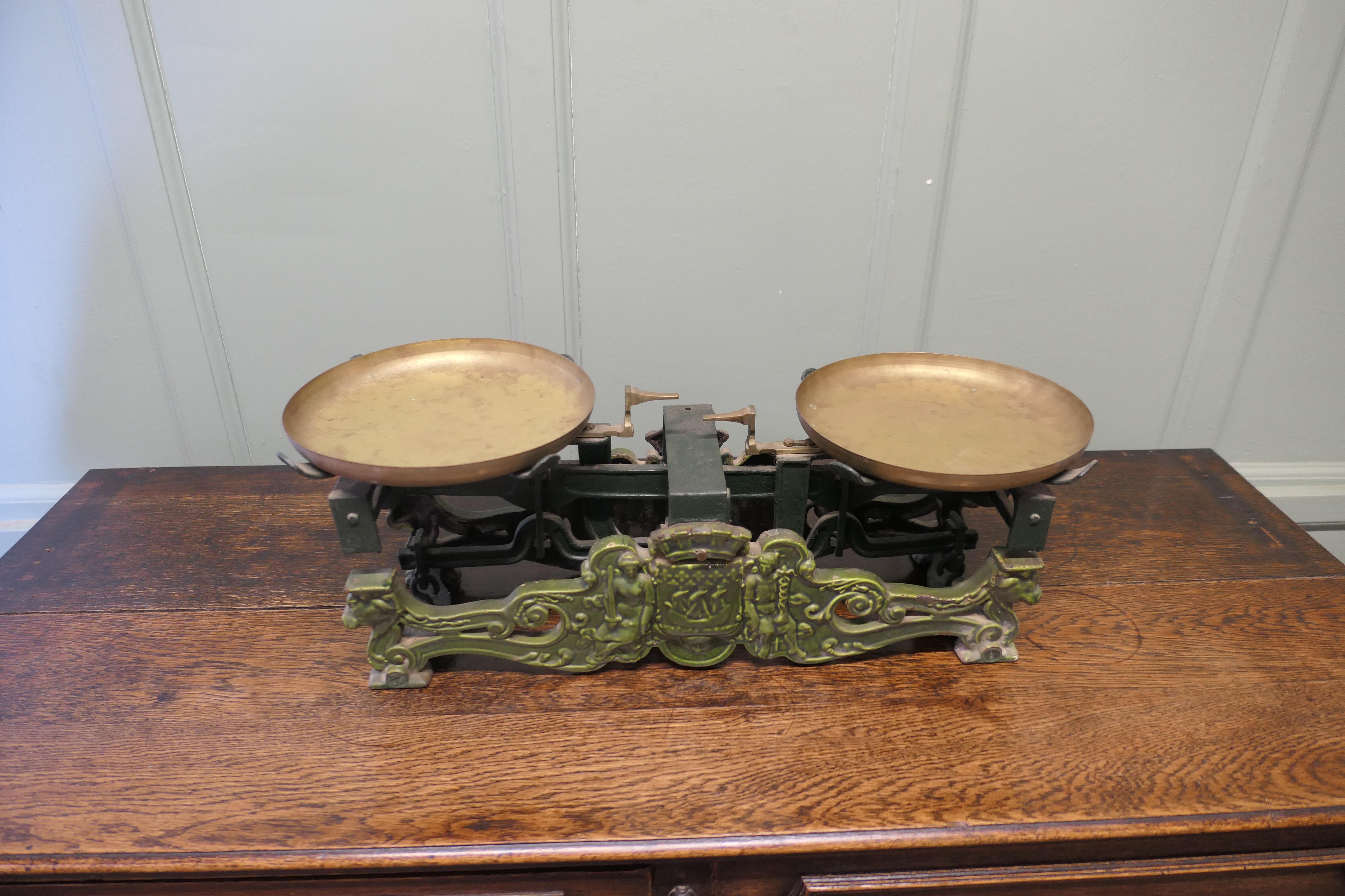 Iron Attractive 19th Century French Grocer’s Balance Scales The scale has 2 brass pan For Sale