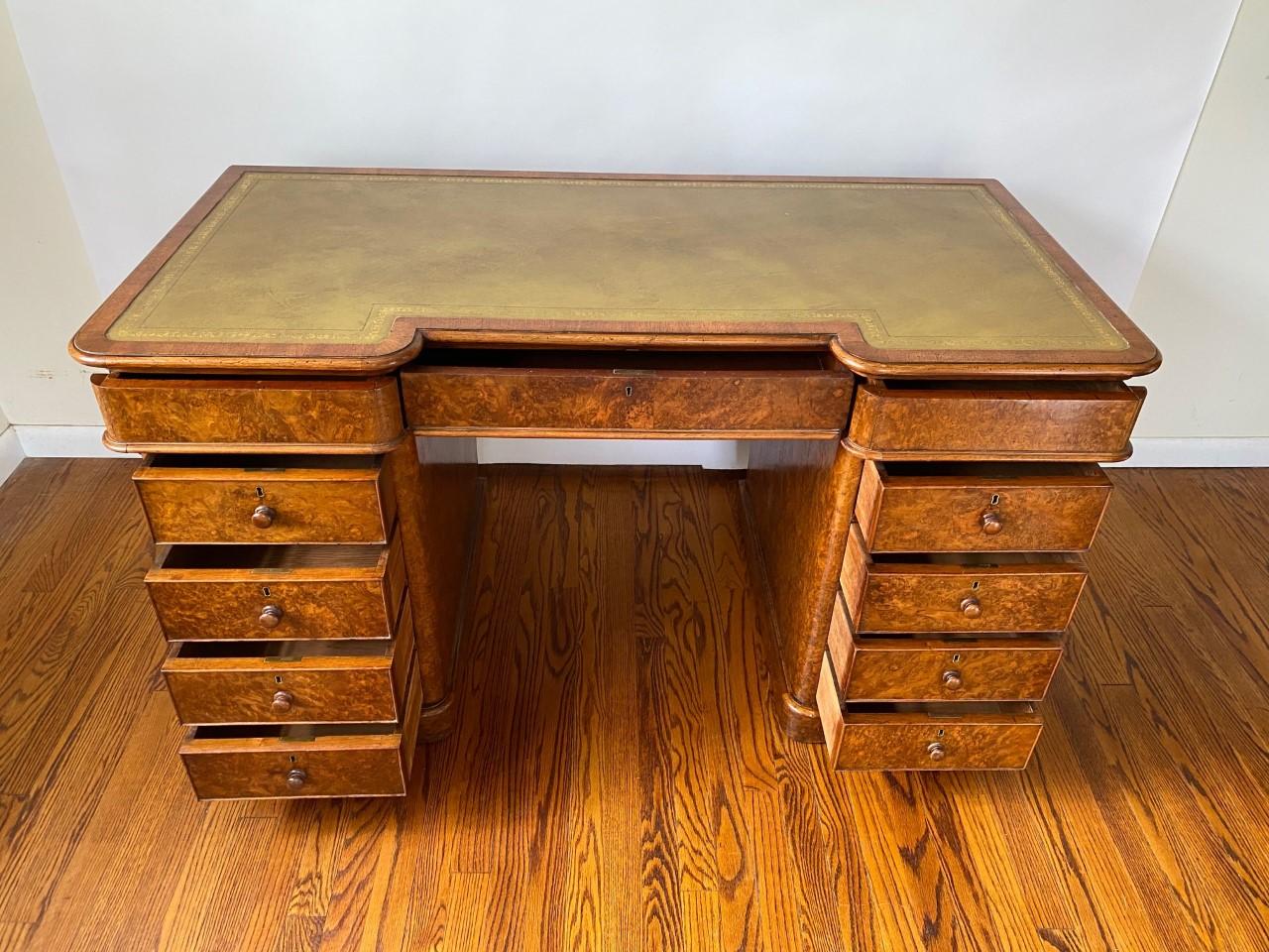 19th Century English Burr Walnut Victorian Pedestal Desk w/ Tooled Leather Top For Sale 7