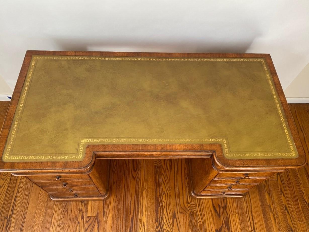 19th Century English Burr Walnut Victorian Pedestal Desk w/ Tooled Leather Top For Sale 8