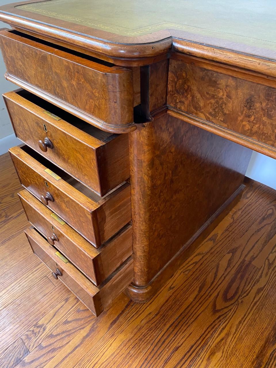19th Century English Burr Walnut Victorian Pedestal Desk w/ Tooled Leather Top For Sale 9