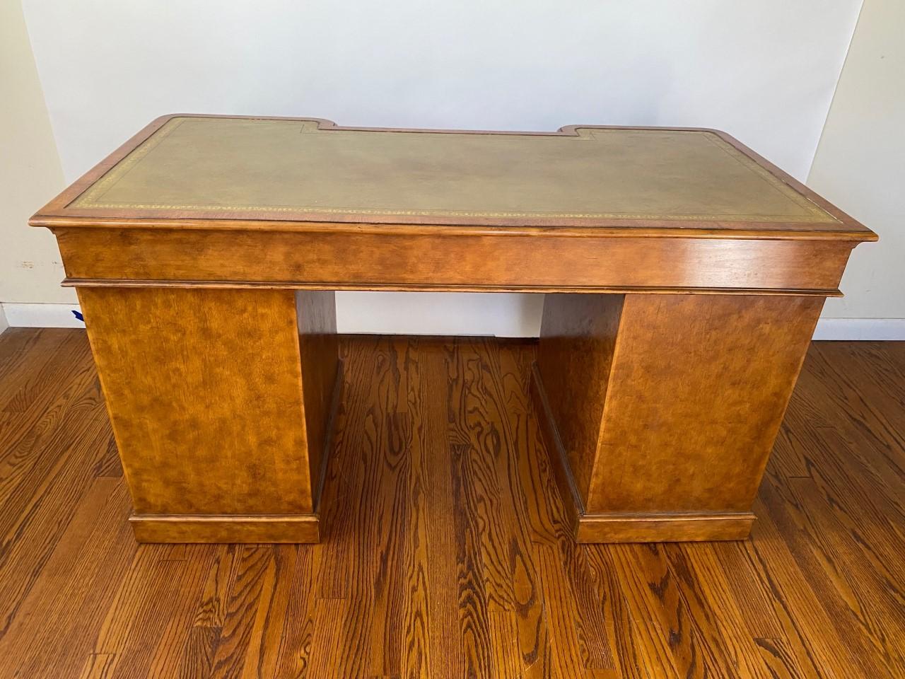 19th Century English Burr Walnut Victorian Pedestal Desk w/ Tooled Leather Top For Sale 5