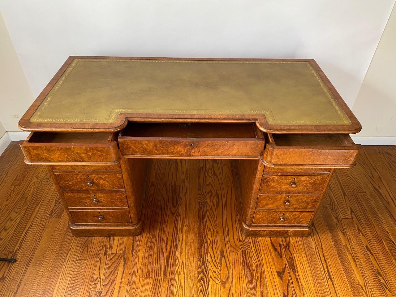 19th Century English Burr Walnut Victorian Pedestal Desk w/ Tooled Leather Top For Sale 6