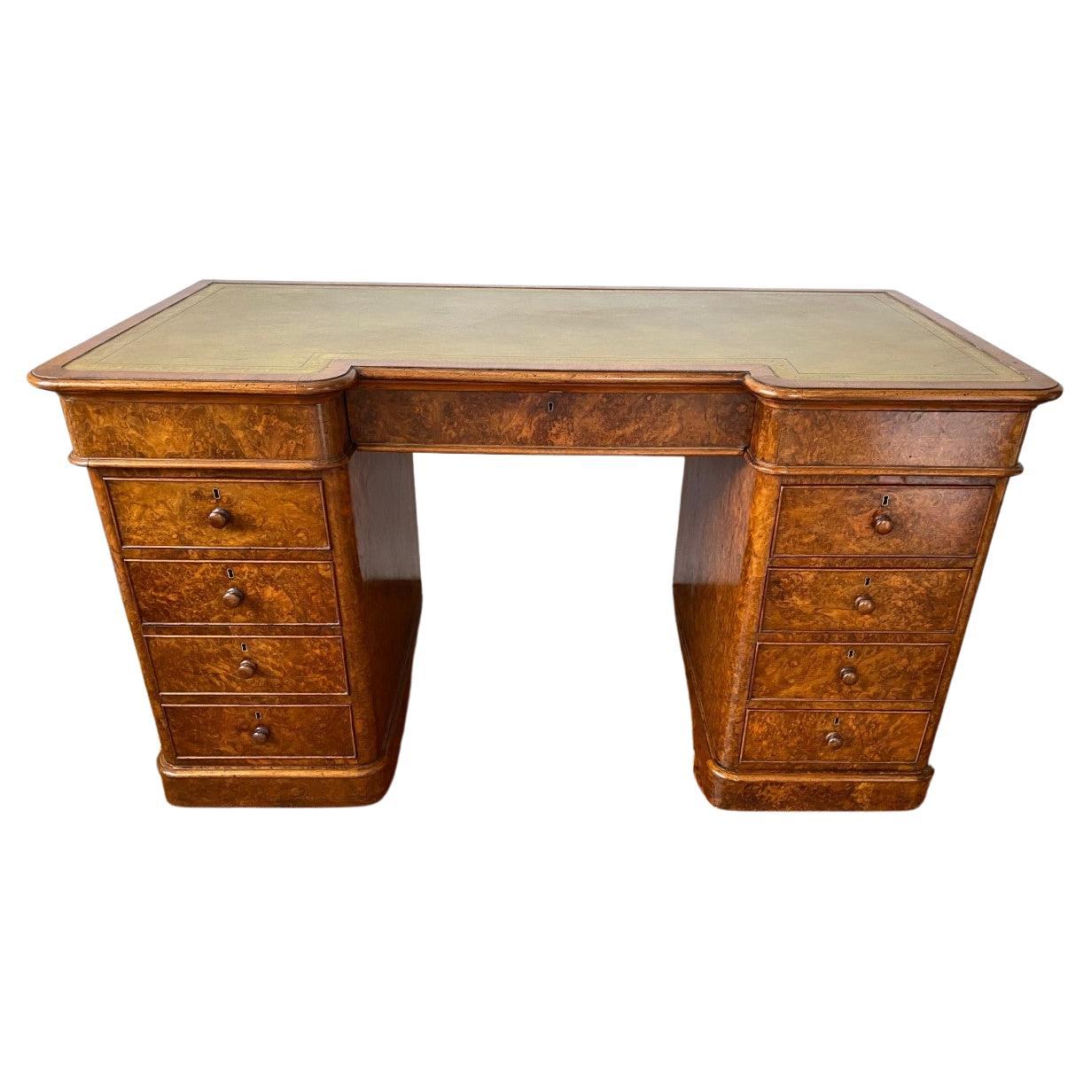 19th Century English Burr Walnut Victorian Pedestal Desk w/ Tooled Leather Top