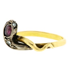 Attractive Antique Garnet Diamond Silver Topped Yellow Gold Coiled Snake Ring
