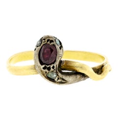 Attractive Antique Garnet Diamond Silver Topped Yellow Gold Coiled Snake Ring