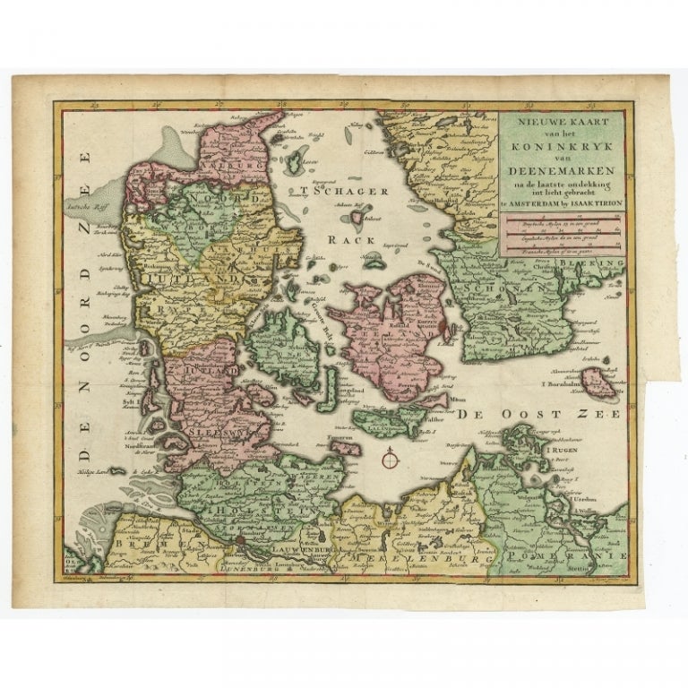 Antique map titled 'Nieuwe Kaart van het Koninkryk van Deenemarken (..).' Attractive detailed map showing Denmark and a part of Sweden and Germany. Title in block-style cartouche with a simple compass rose. Source unknown, to be