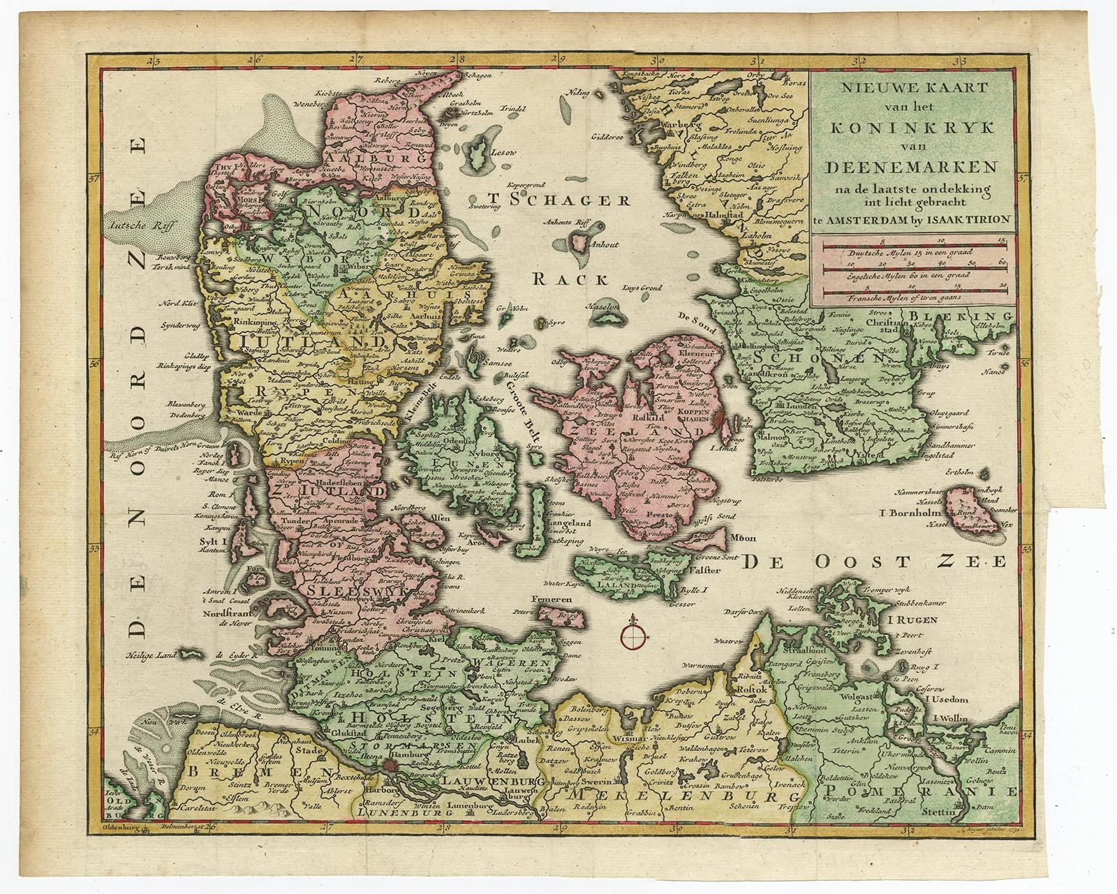 Attraktiver antiker Karte, die Dänemark und Teil Schwedens und Deutschlands zeigt, um 1750 im Zustand „Gut“ im Angebot in Langweer, NL
