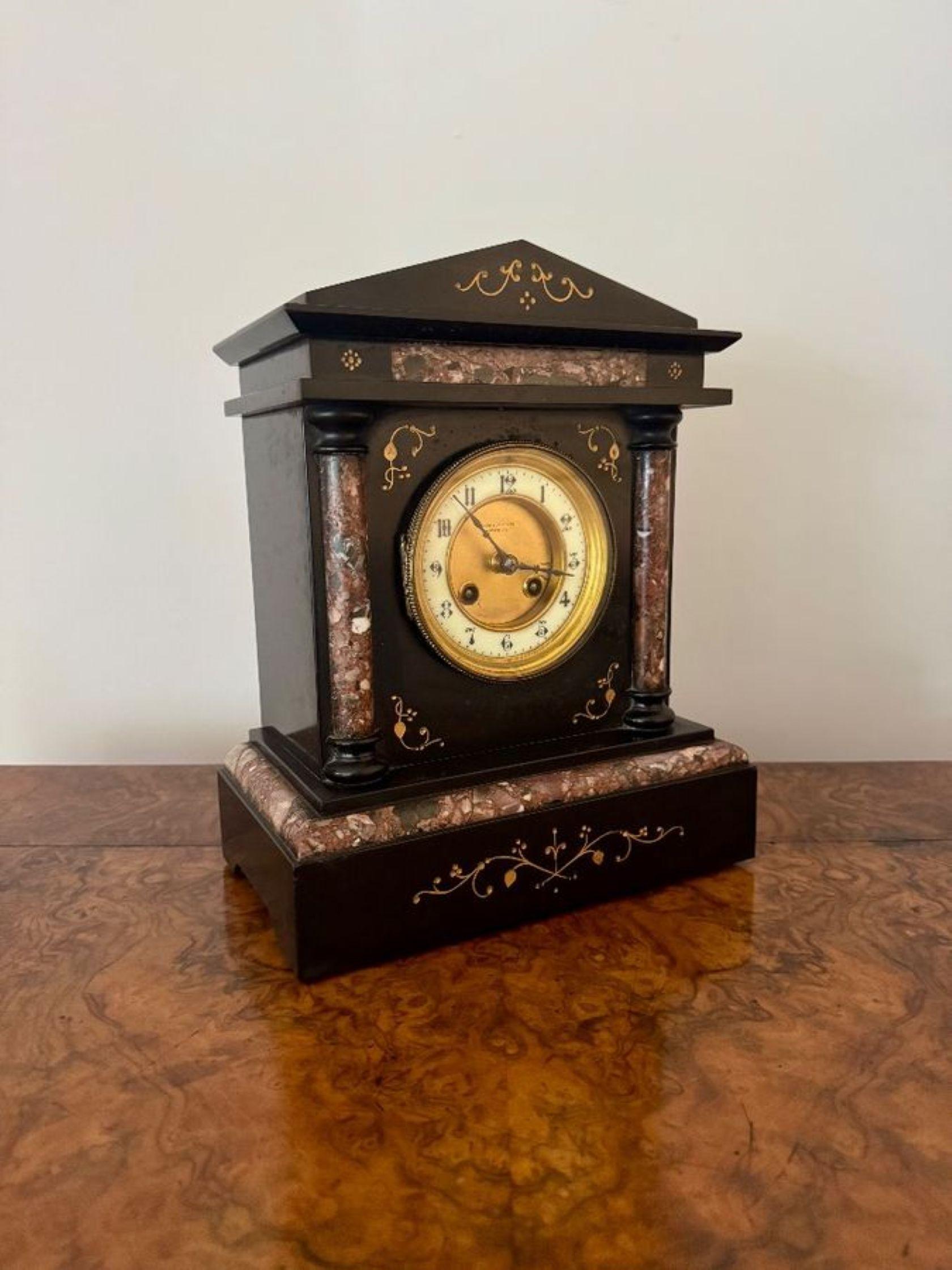 Attractive antique Victorian quality marble inlaid mantle clock by Baby and Jannings Ipswich, having a quality antique Victorian marble mantle clock with red marble columns and inlay panels to the side of the dial decorated patterns in gold above
