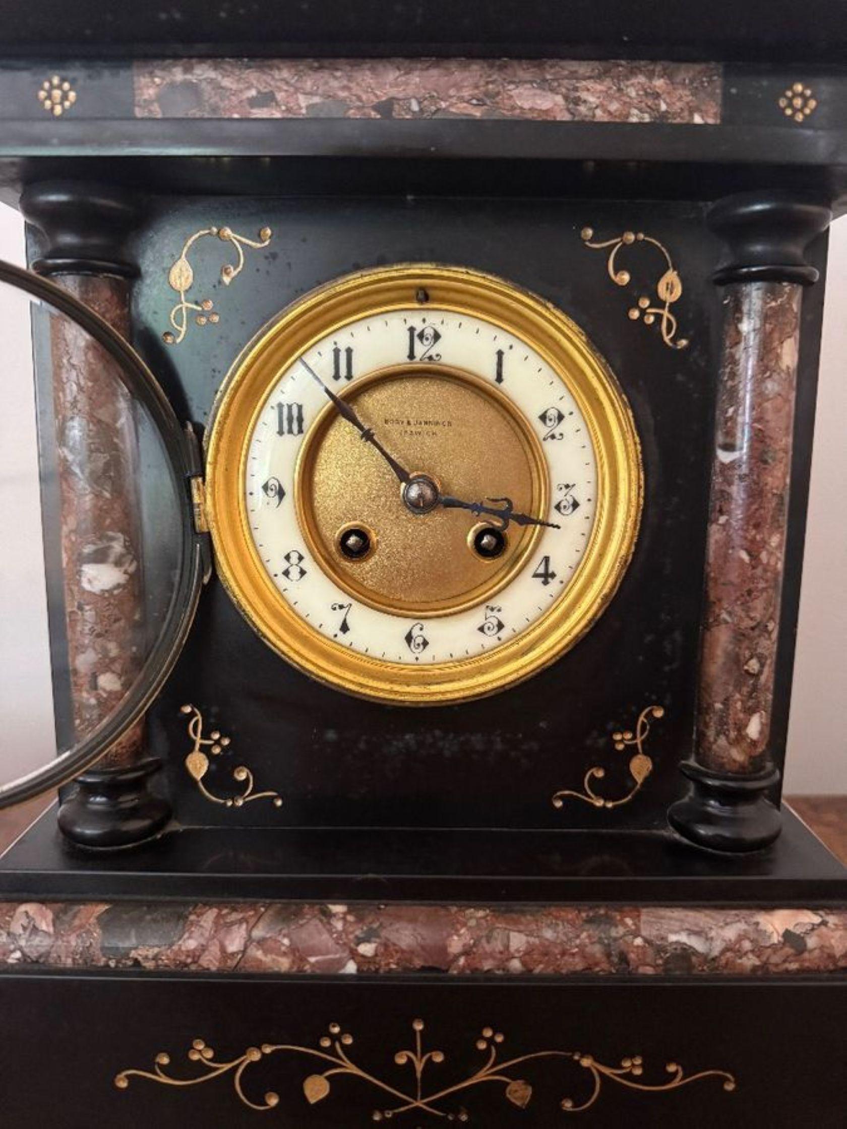 19th Century Attractive antique Victorian quality marble inlaid mantle clock by Baby and Jann For Sale