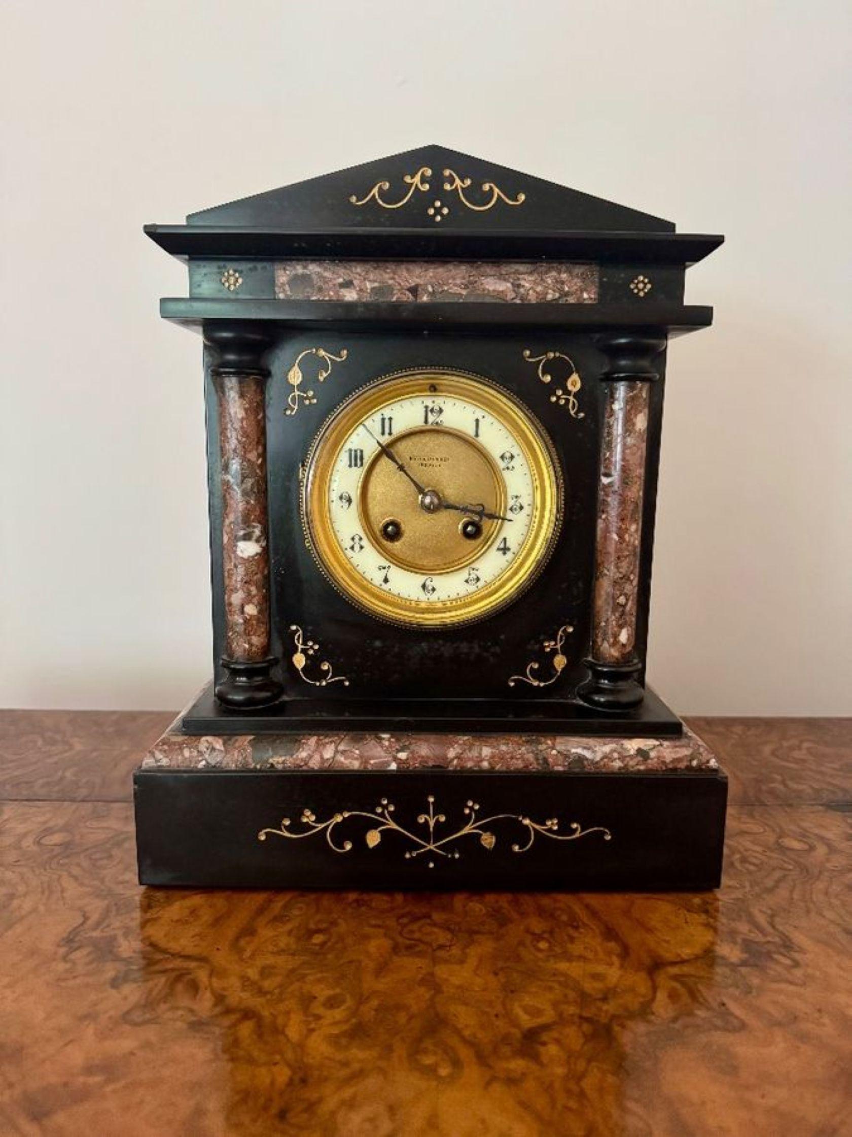Brass Attractive antique Victorian quality marble inlaid mantle clock by Baby and Jann For Sale