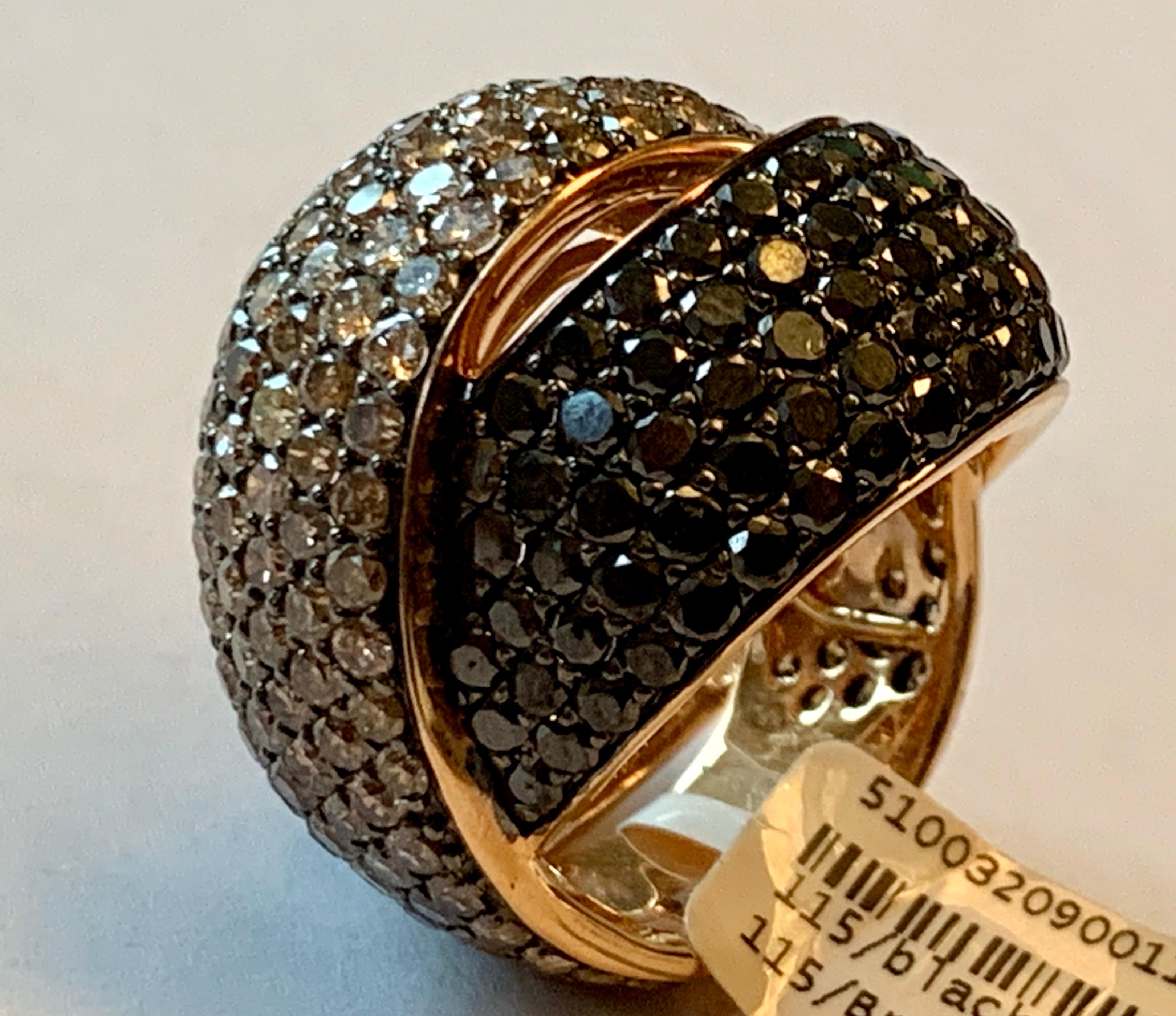 Women's or Men's Attractive Black and Champagne Diamond Crossover Ring in 18 Karat Rose Gold