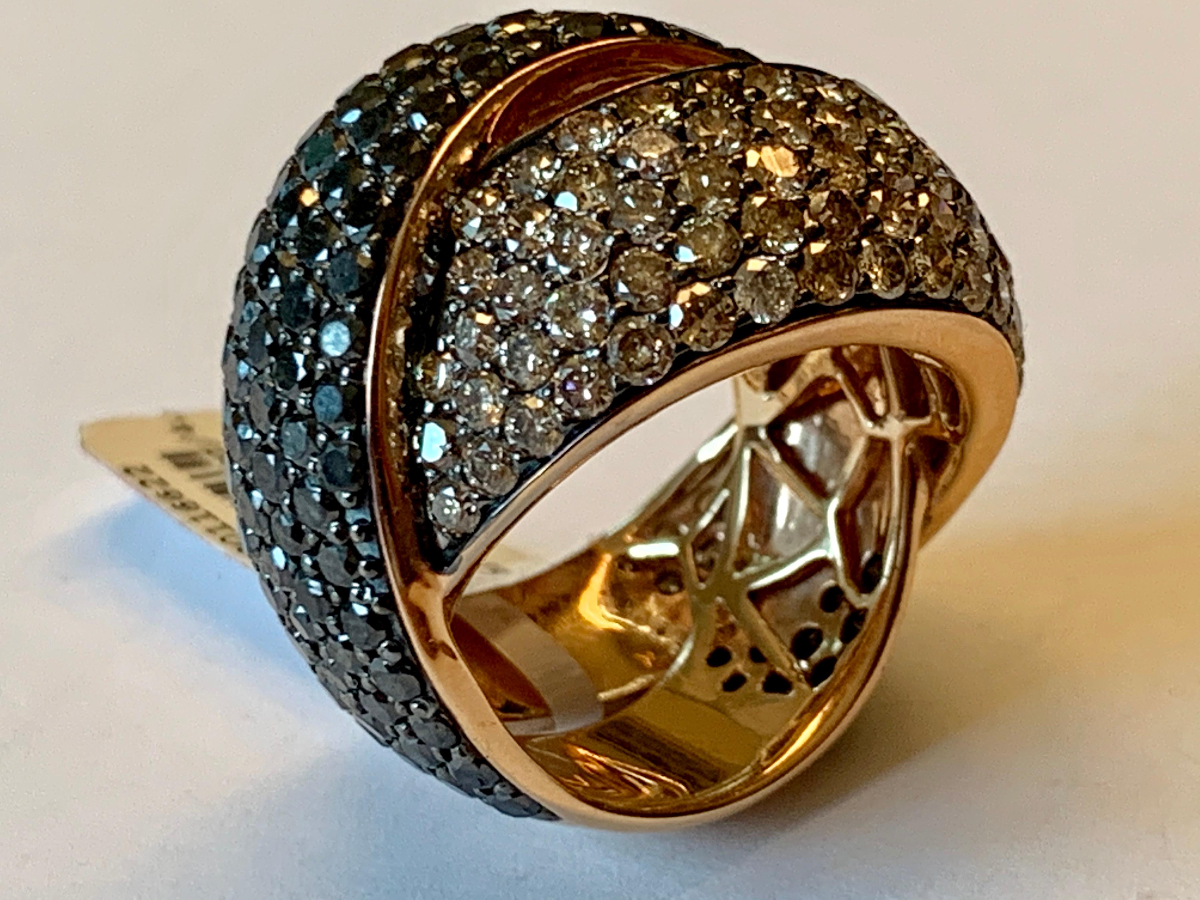 Attractive Black and Champagne Diamond Crossover Ring in 18 Karat Rose Gold 1
