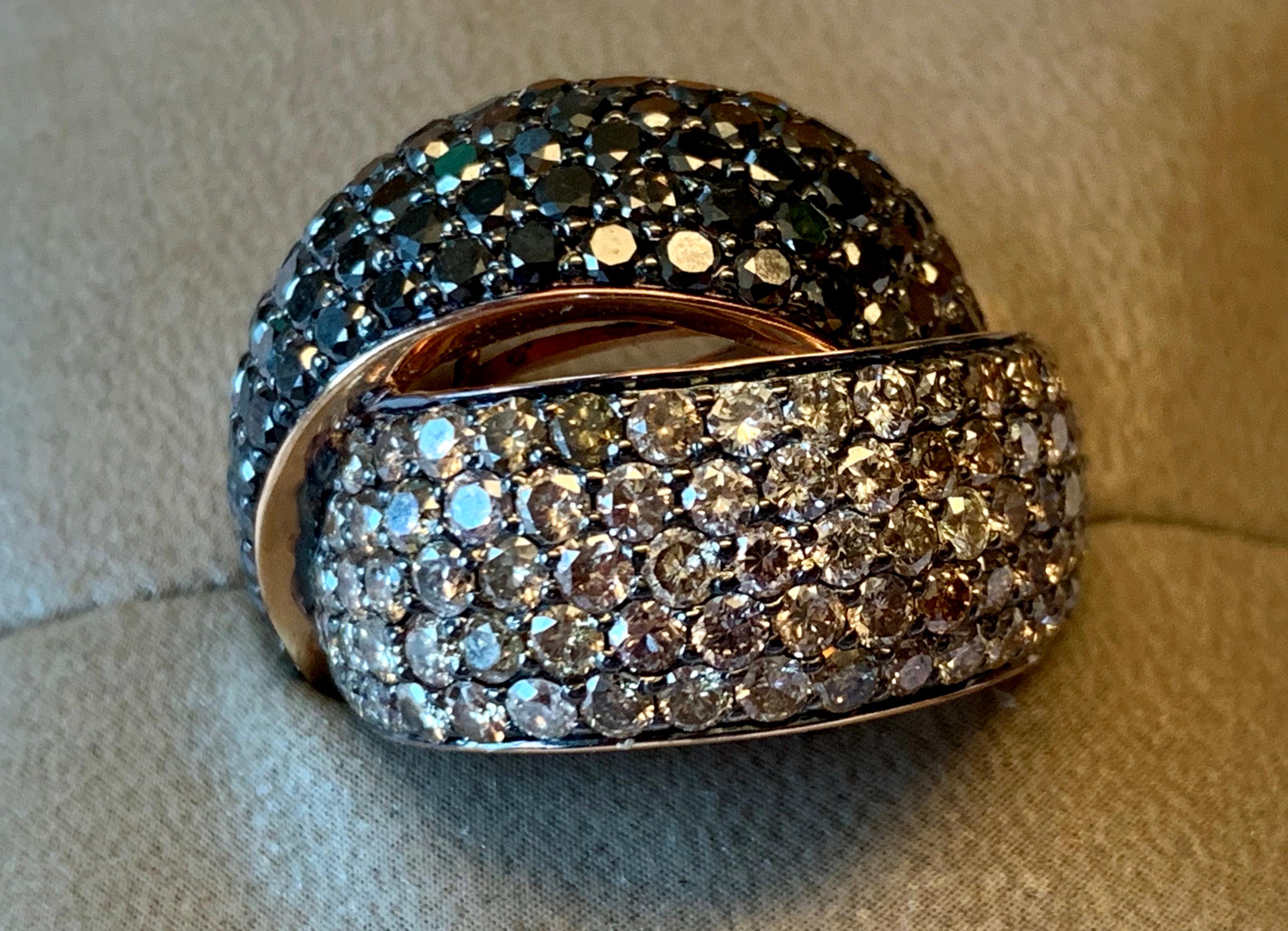 Attractive Black and Champagne Diamond Crossover Ring in 18 Karat Rose Gold 2