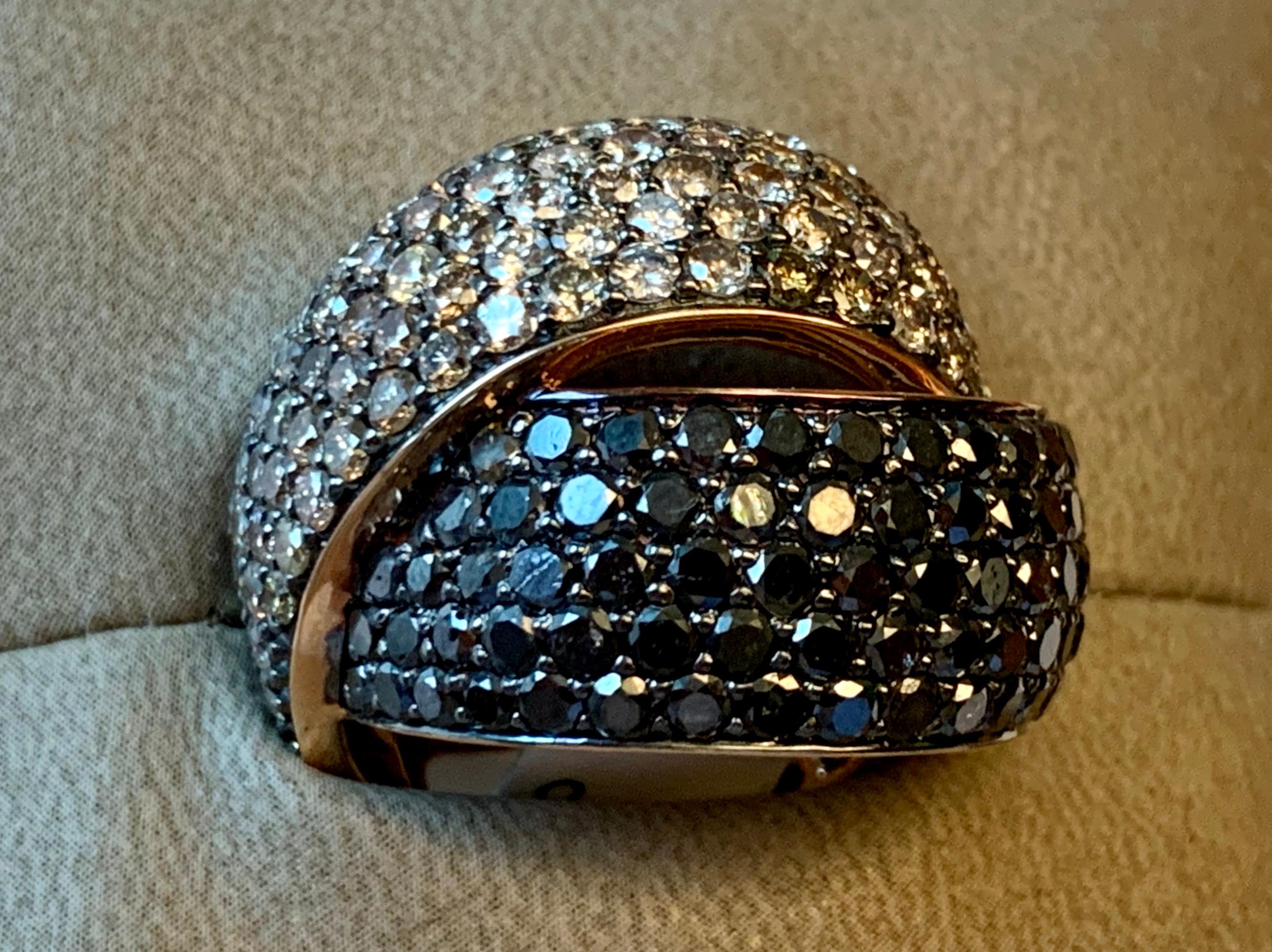Attractive Black and Champagne Diamond Crossover Ring in 18 Karat Rose Gold 3