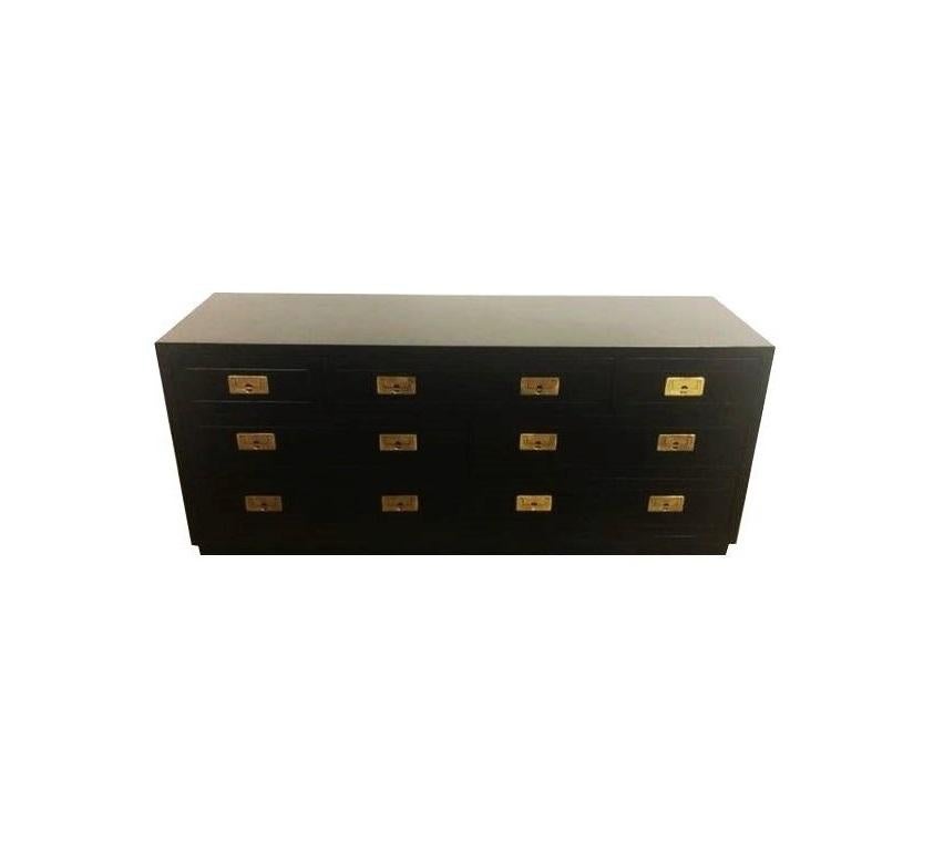 Vintage campaign style dresser by Henredon Scene One collection. Henredon is for those who value excellence. Professionally lacquered in black, features a rectangular top above three aligned over two rows of two aligned dovetailed drawers. The