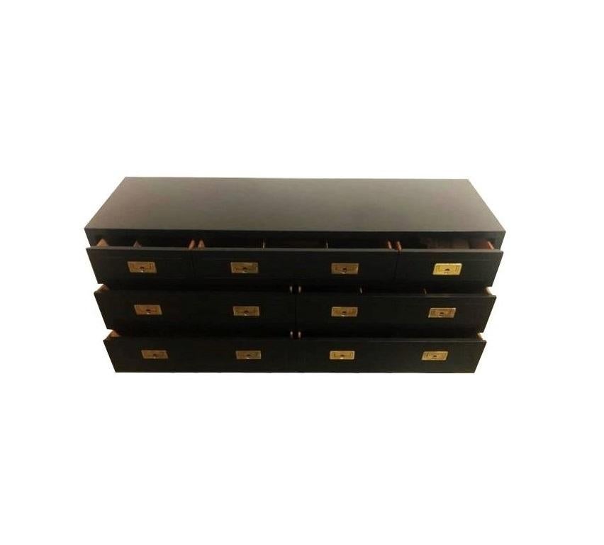 Mid-Century Modern Attractive Black Lacquered Henredon Campaign Style Dresser For Sale