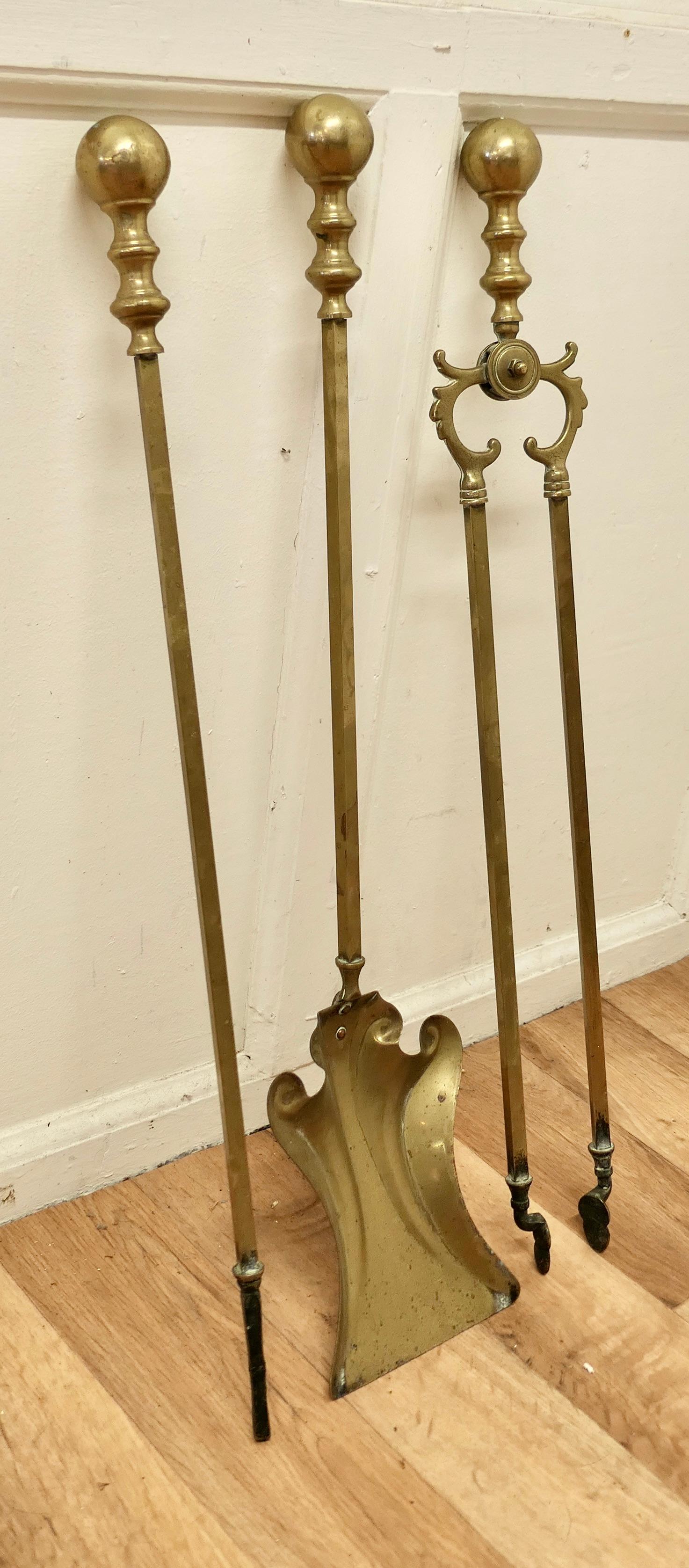 19th Century Attractive Brass Fireside Companion Set, Fireside Tools For Sale