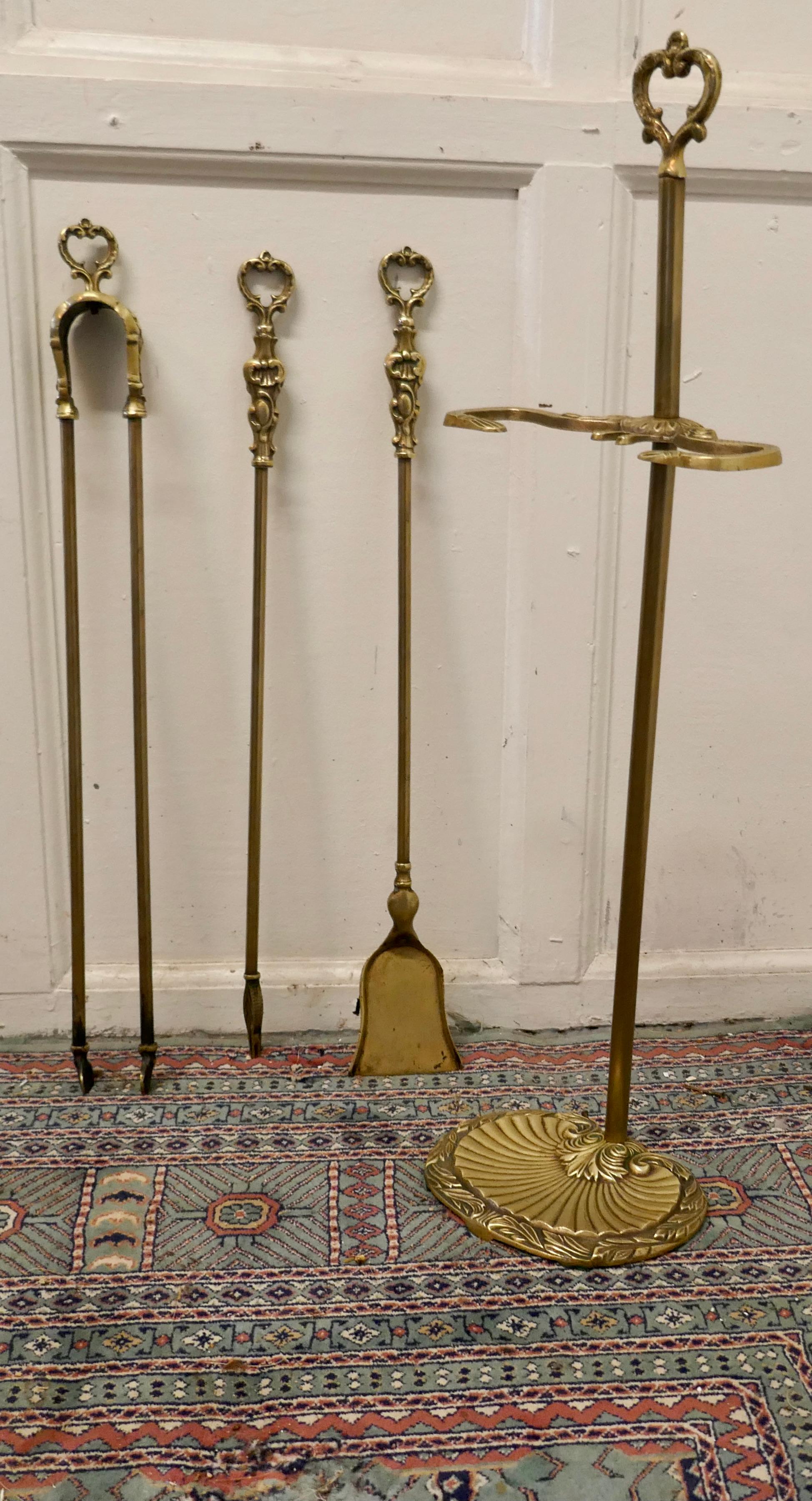 Art Nouveau Attractive Brass Fireside Companion Set, Fireside Tools For Sale