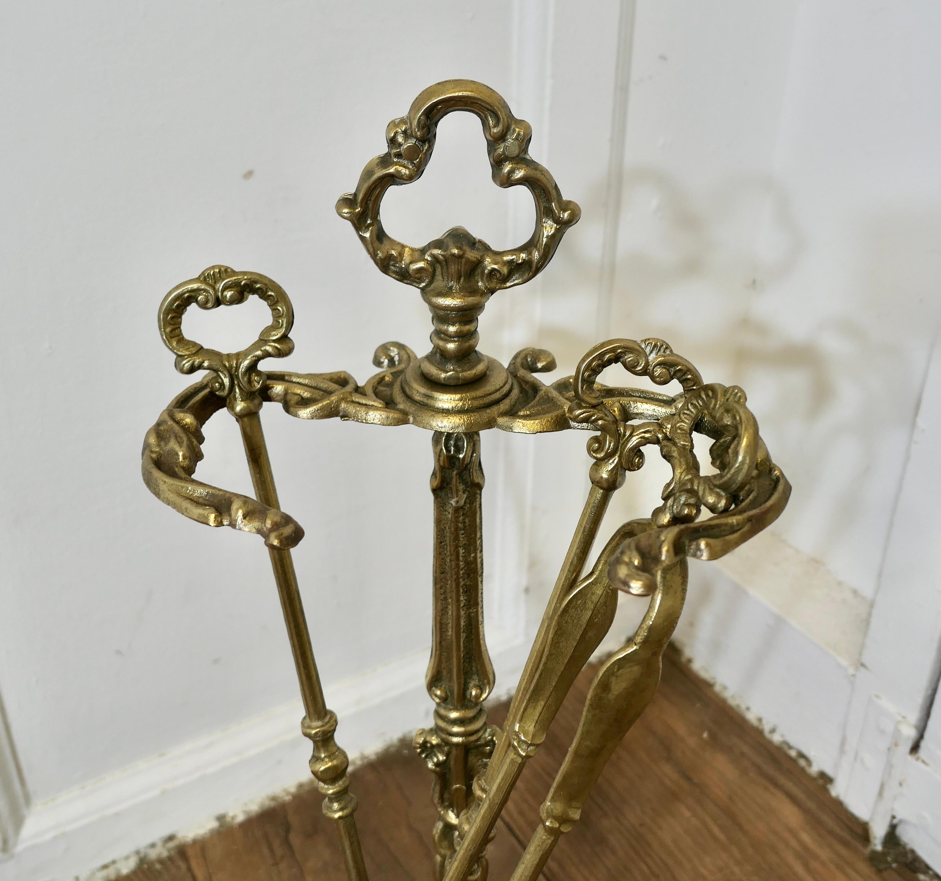 19th Century Attractive Brass Rococo Style Fireside Companion Set, Fireside Tools For Sale