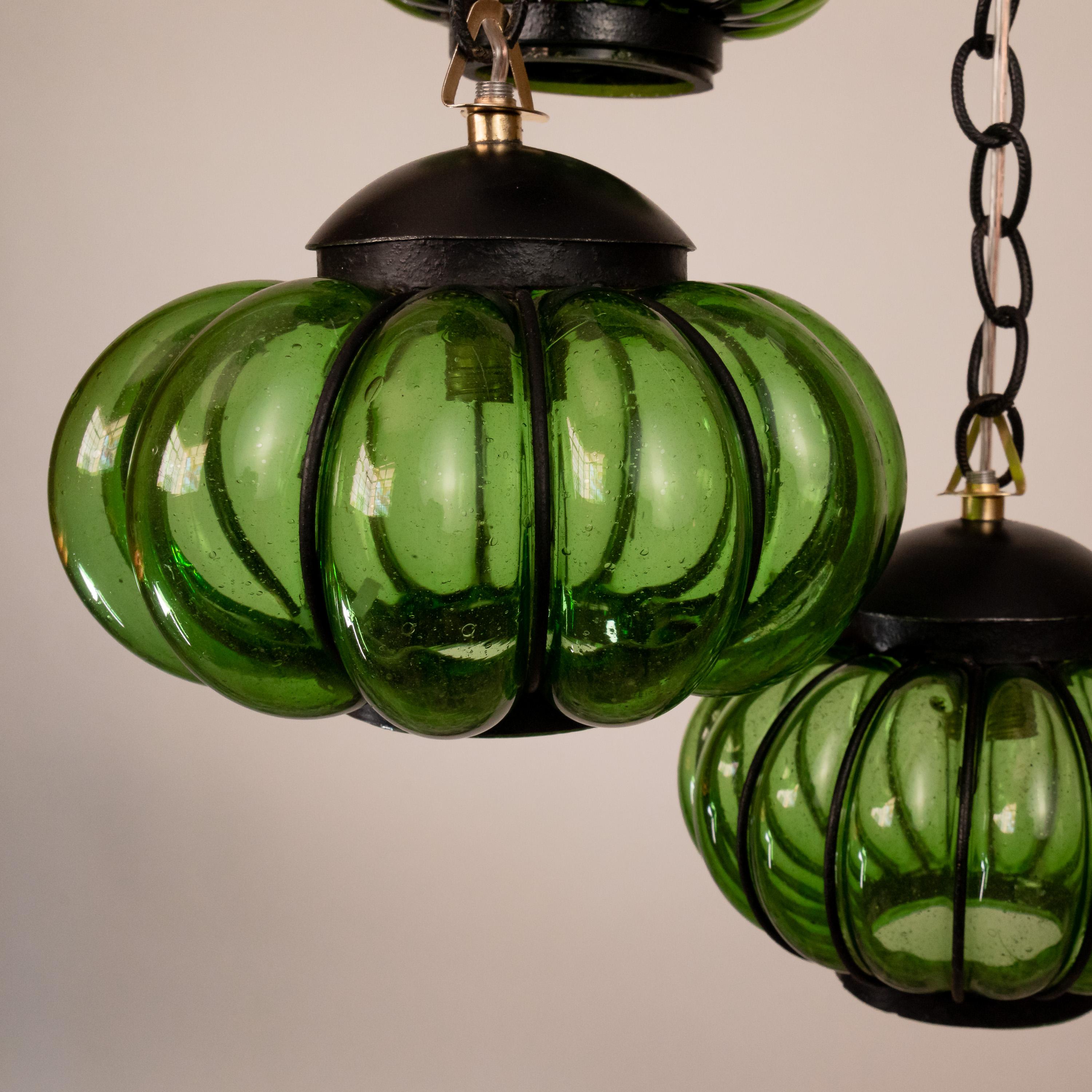 Brutalist Attractive Chandelier with Three Pumpkin-Shaped Shades in Green Glass by Feders For Sale