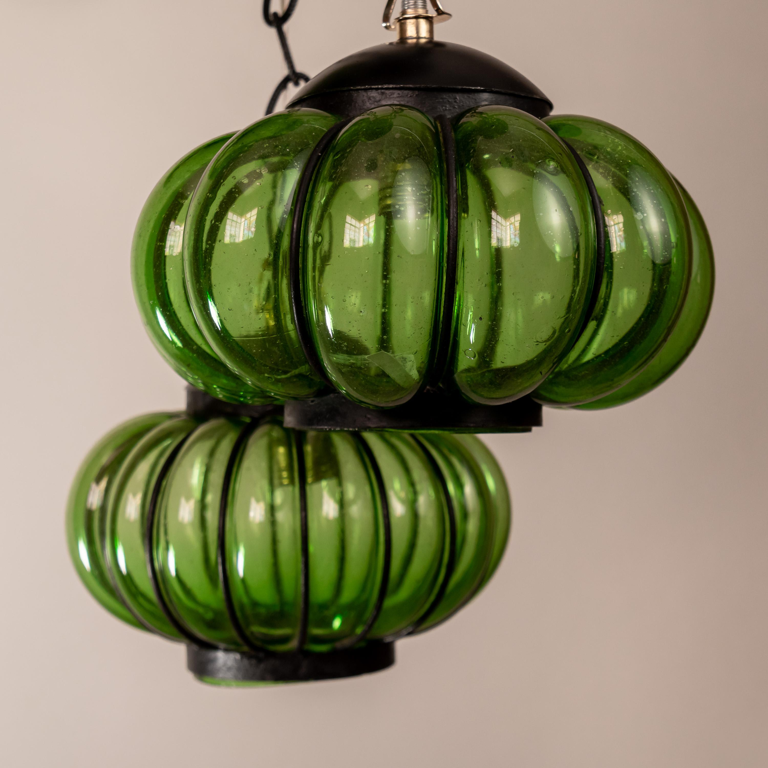 Mexican Attractive Chandelier with Three Pumpkin-Shaped Shades in Green Glass by Feders For Sale