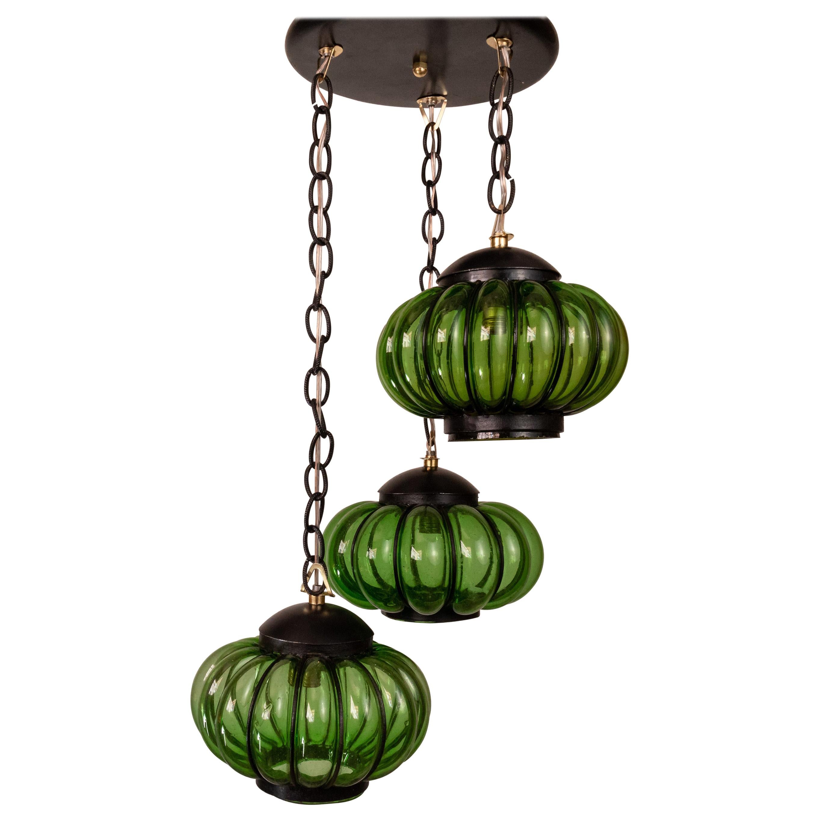 Attractive Chandelier with Three Pumpkin-Shaped Shades in Green Glass by Feders For Sale