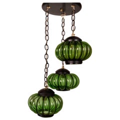 Vintage Attractive Chandelier with Three Pumpkin-Shaped Shades in Green Glass by Feders