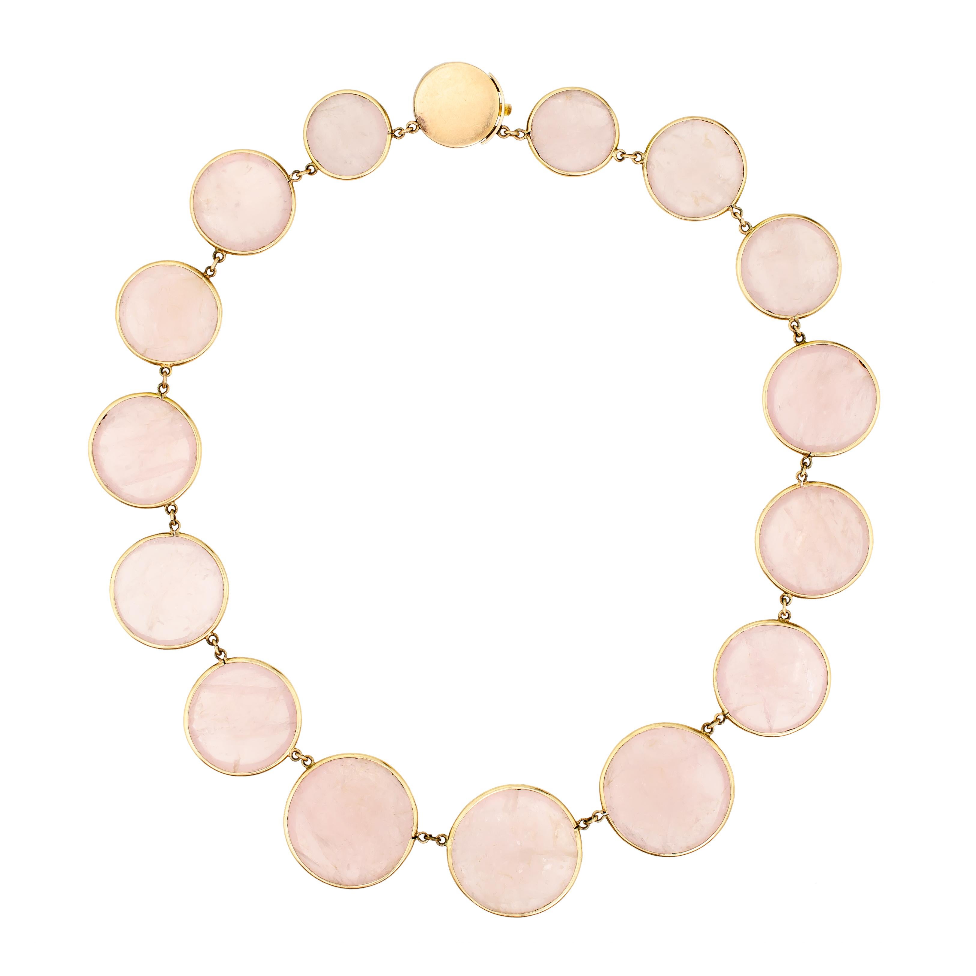 Attractive circa 1970 Rose Quartz and Yellow Gold Necklace In Good Condition For Sale In Lombard, IL