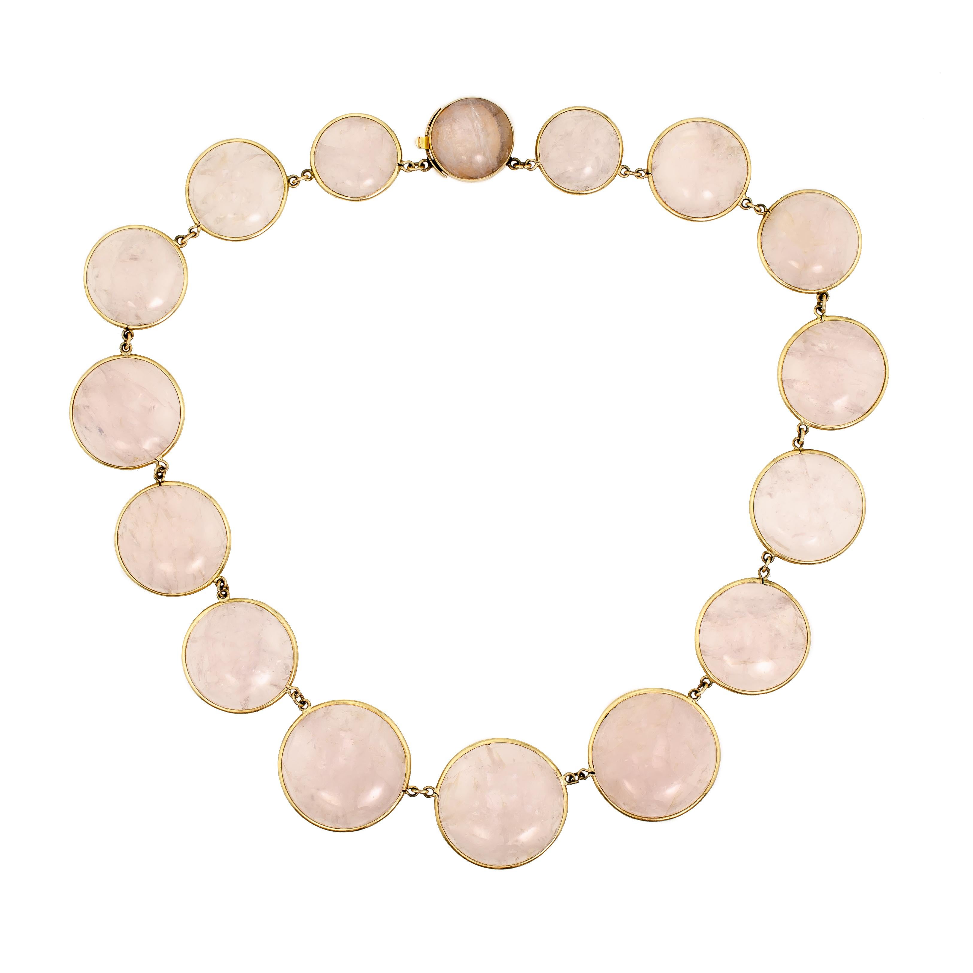 Attractive circa 1970 Rose Quartz and Yellow Gold Necklace For Sale