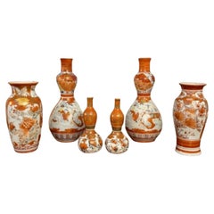 Attractive collection of six antique Japanese Kutani shaped vases 