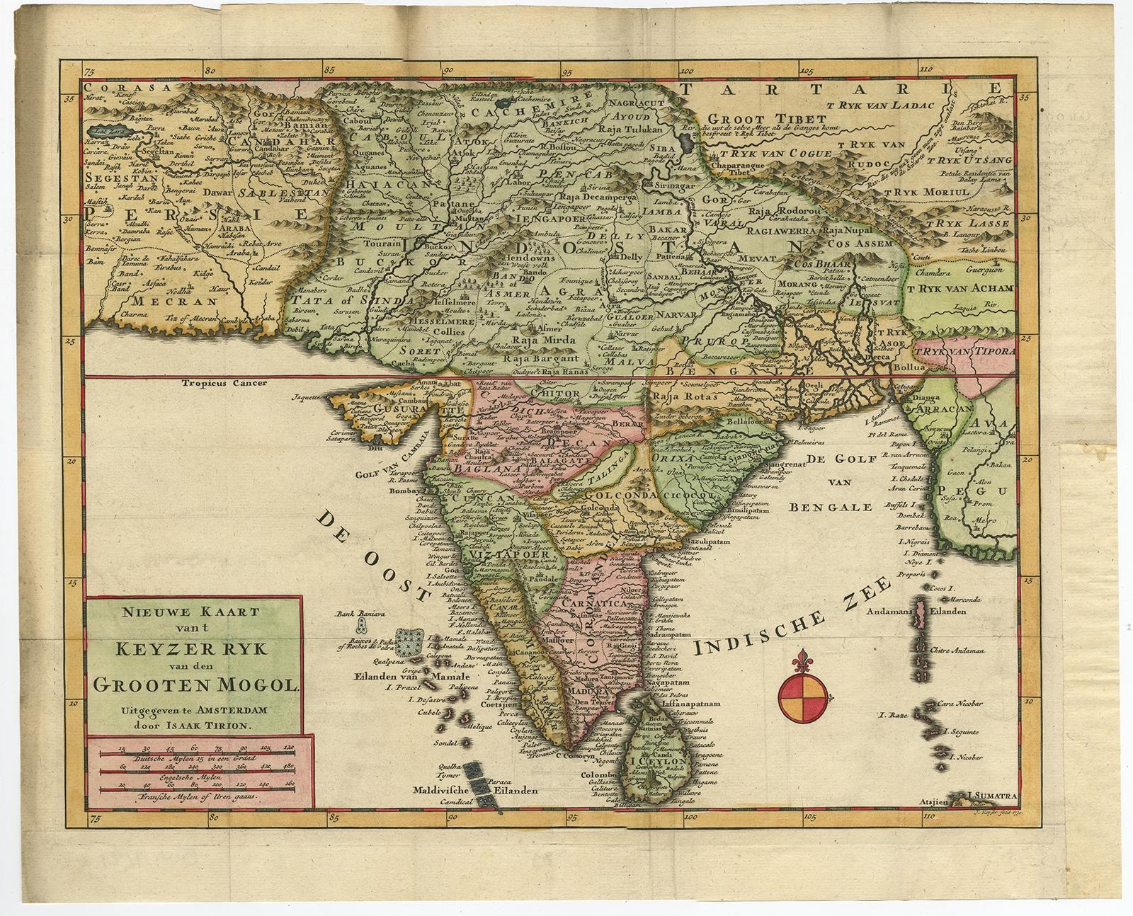 Antique map titled 'Nieuwe Kaart van t Keyzer Ryk Grooten Mogol.' 

Attractive detailed map of the Empire of the Great Mogul, which included India, Sri Lanka, Pakistan and Bangladesh, decorated with a simple compass rose. Source unknown, to be