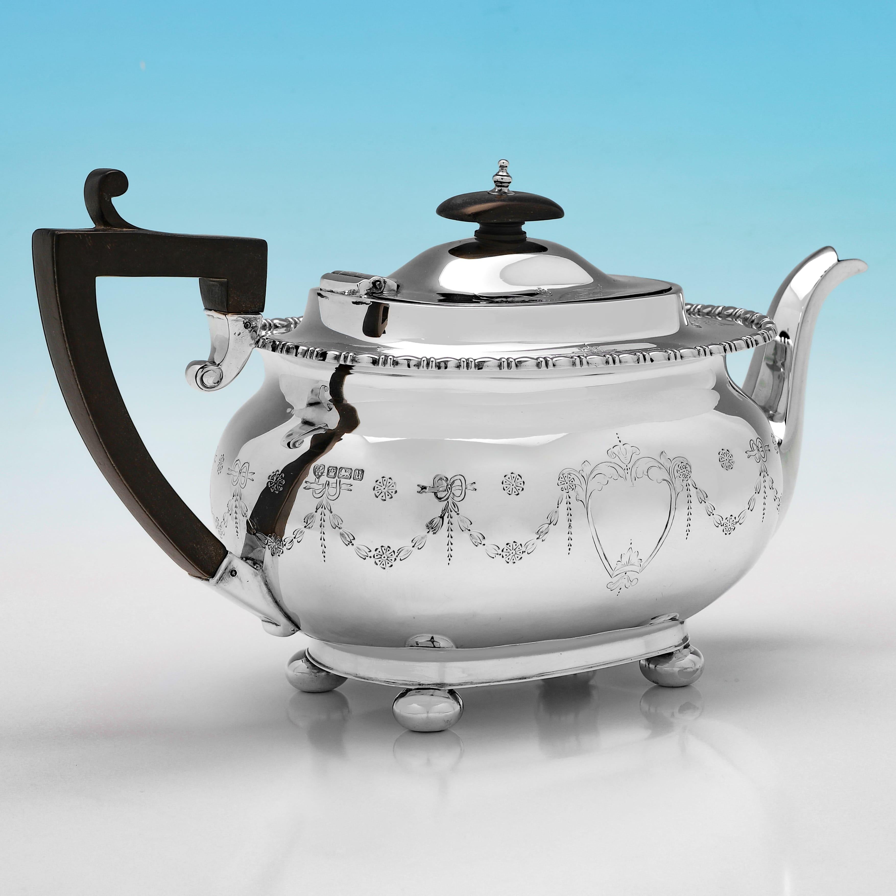 Art Nouveau Attractive engraved antique sterling silver teaset made in 1912 For Sale