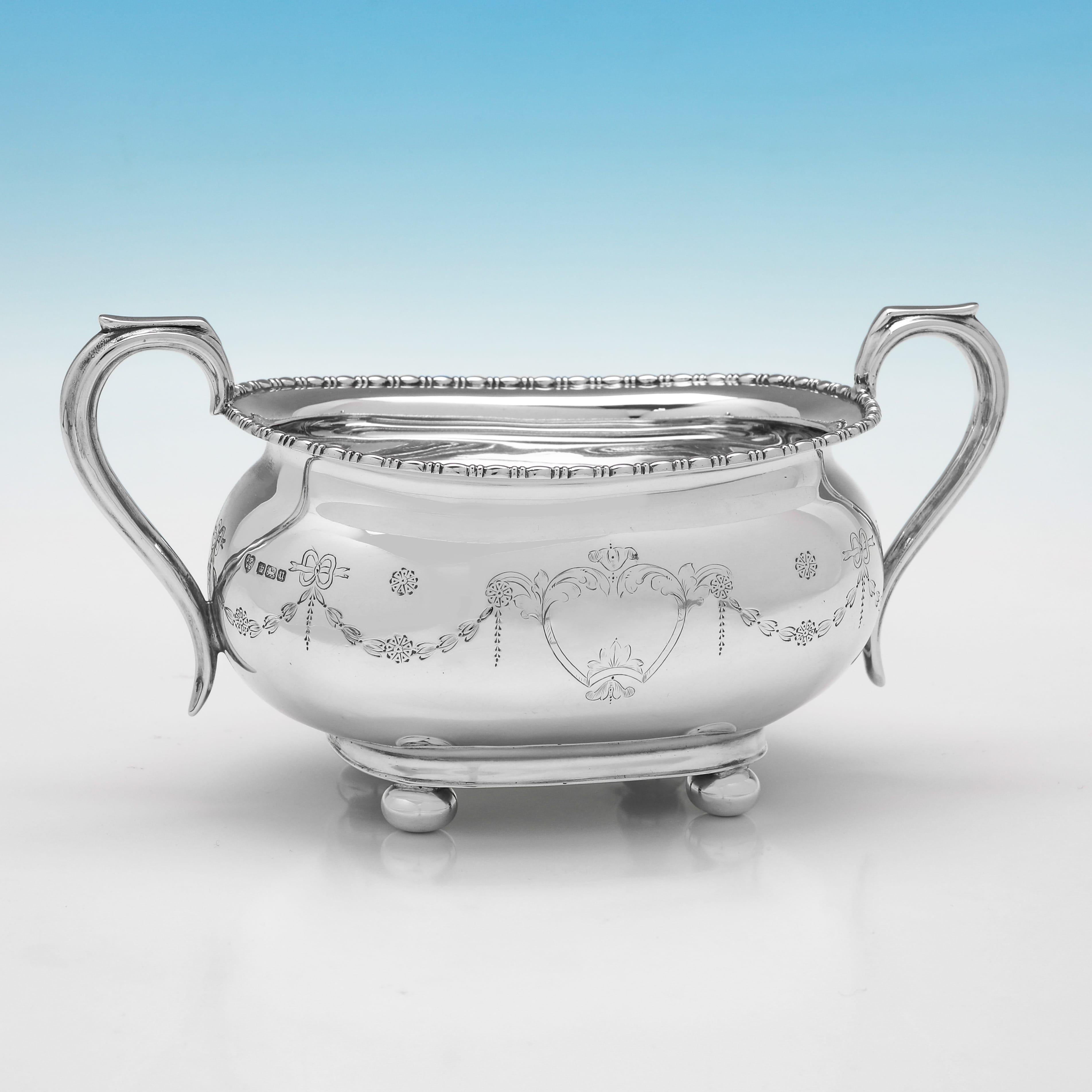 Attractive engraved antique sterling silver teaset made in 1912 For Sale 1